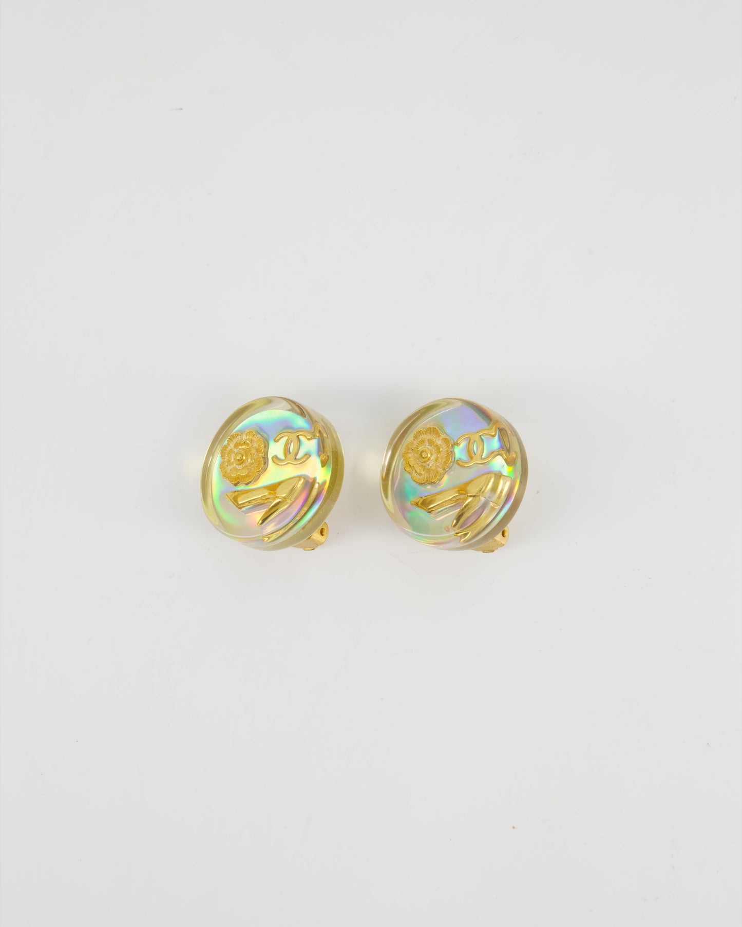Chanel 97P Round Iridescent with Gold CC Logo,caméila & Shoe Detail Clip on Earrings