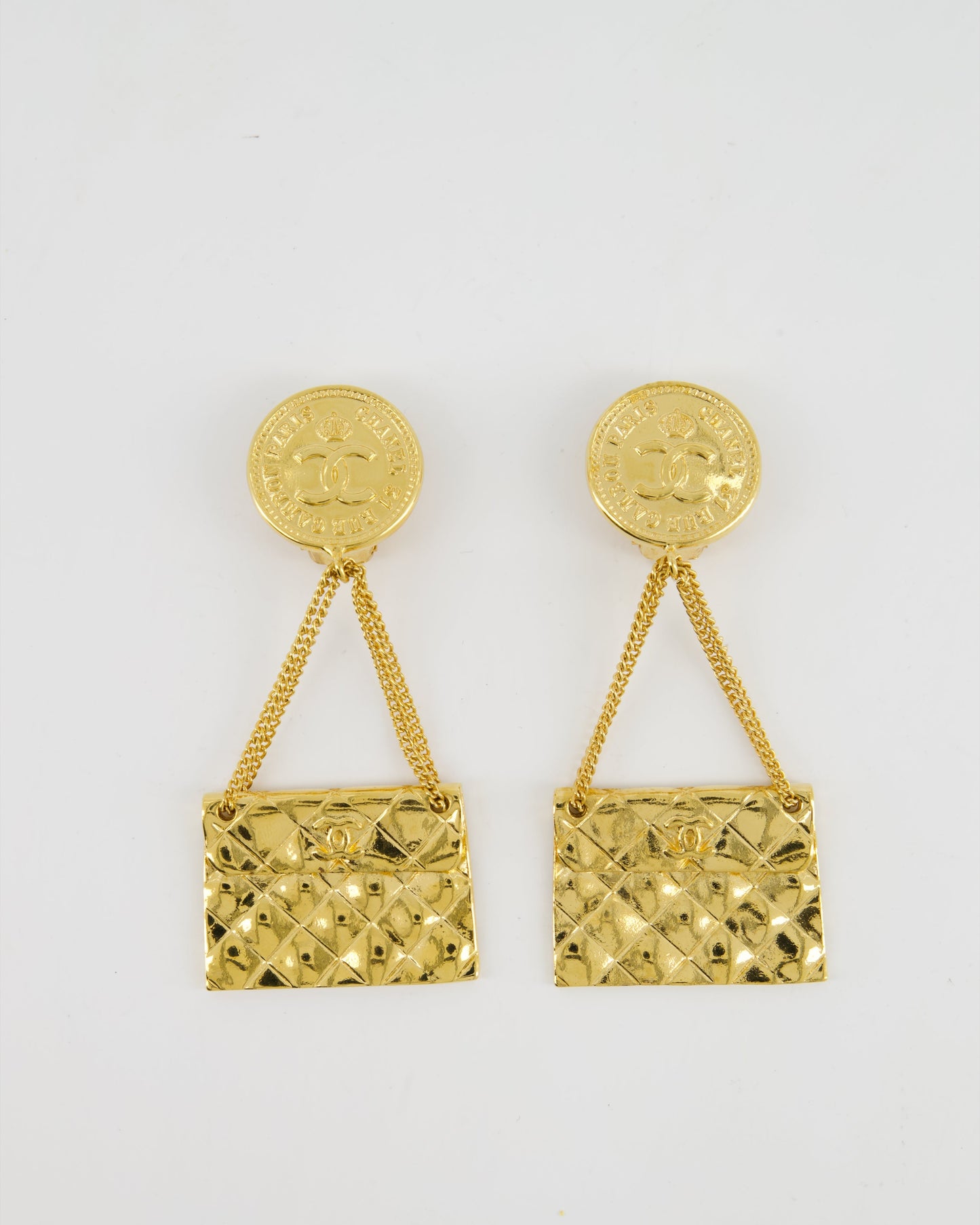 Chanel Gold Matelasse Bag And Cc Logo Coin Clip-On Earrings