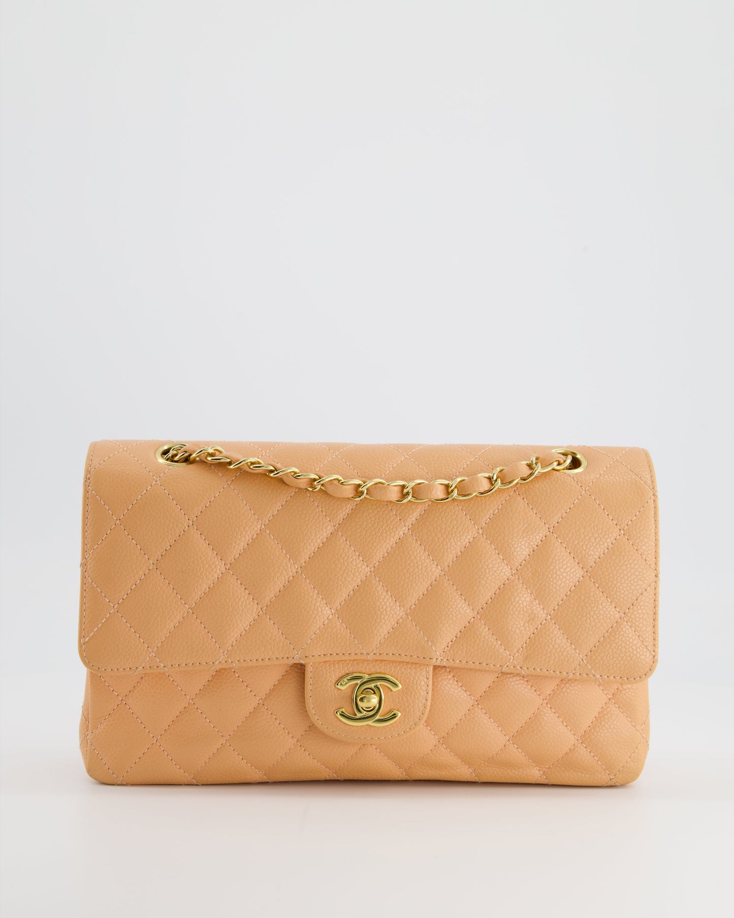Chanel Peach Classic Medium Double Flap Bag In Caviar Leather With 24K Gold Hardware