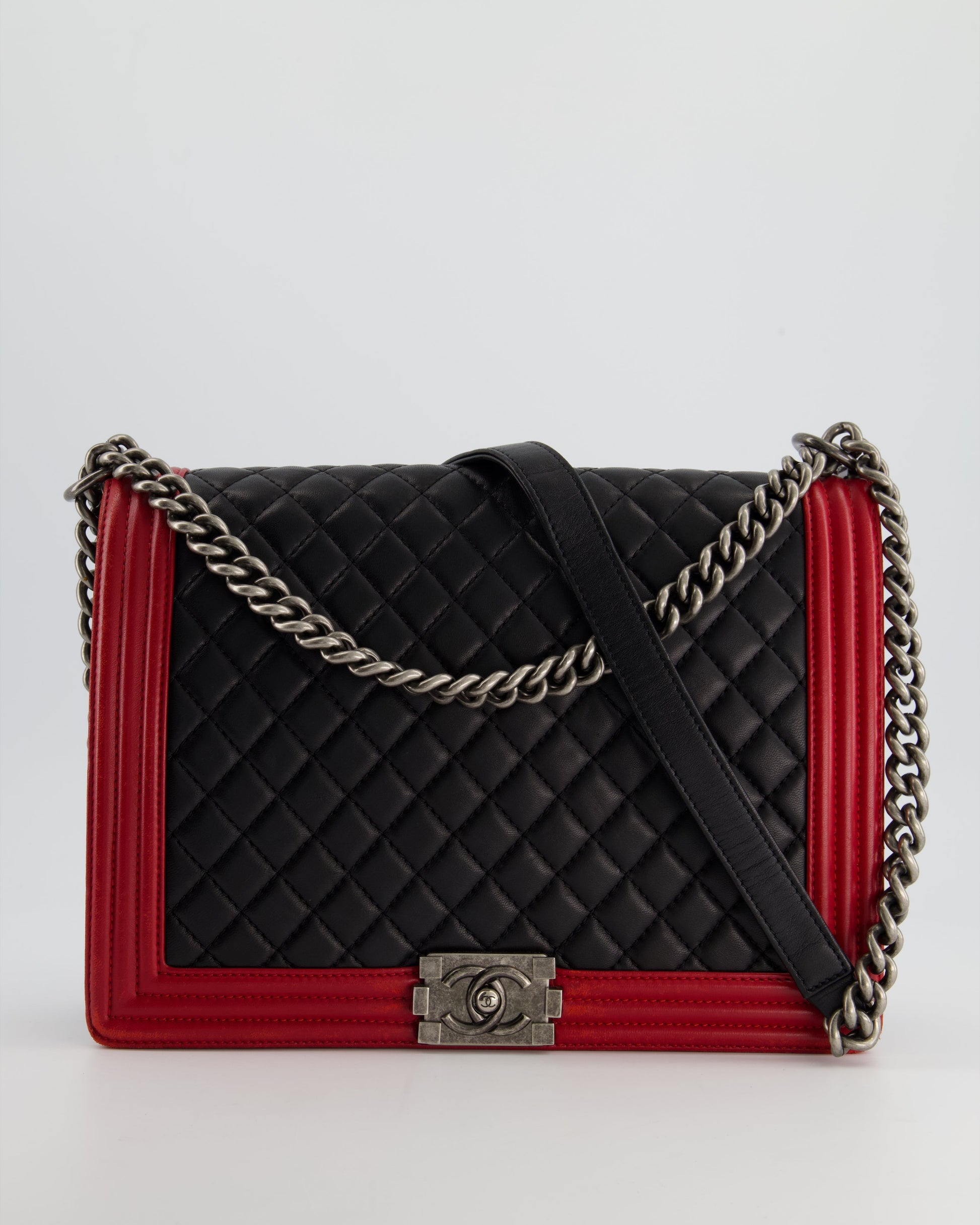 Chanel Black & Red Large Boy Bag In Lambskin Leather With Ruthenium Hardware