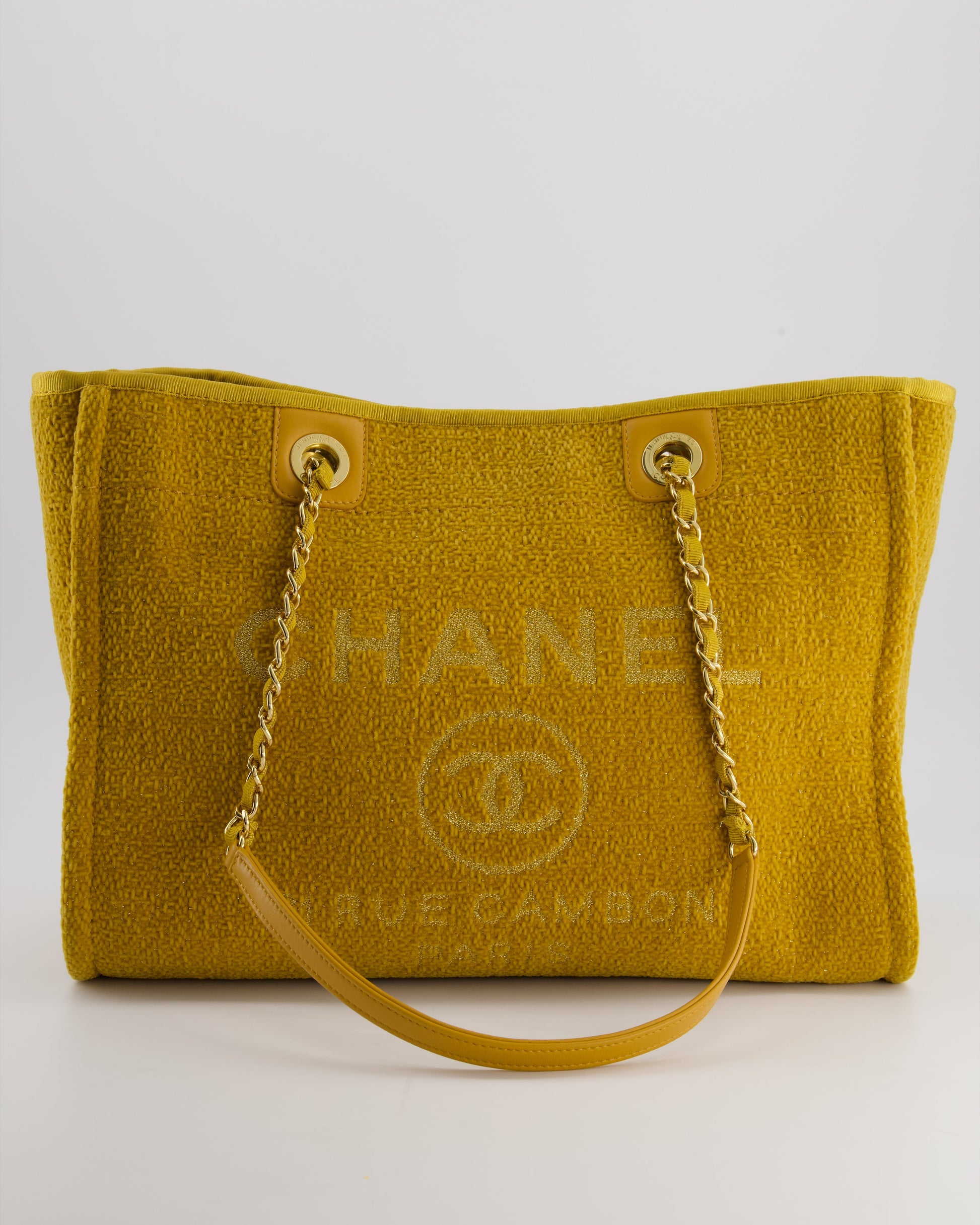 Chanel *Hot* Mustard Yellow Small Deauville Tote Bag In Velvet Tweed With Champagne Gold Hardware
