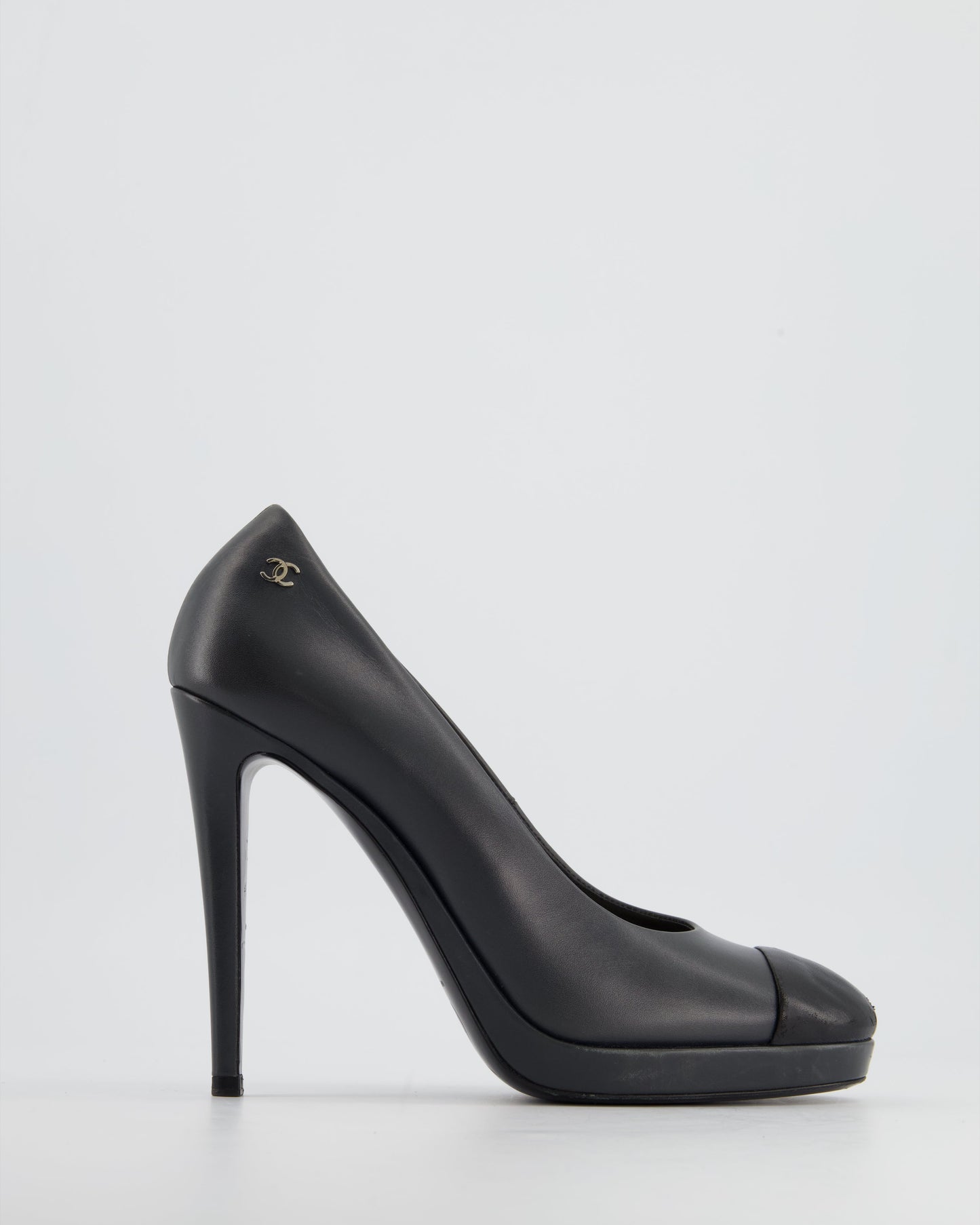 Chanel Charcoal Round Toe Heels with Silver CC Logo Detail Size Eu 40 for Women