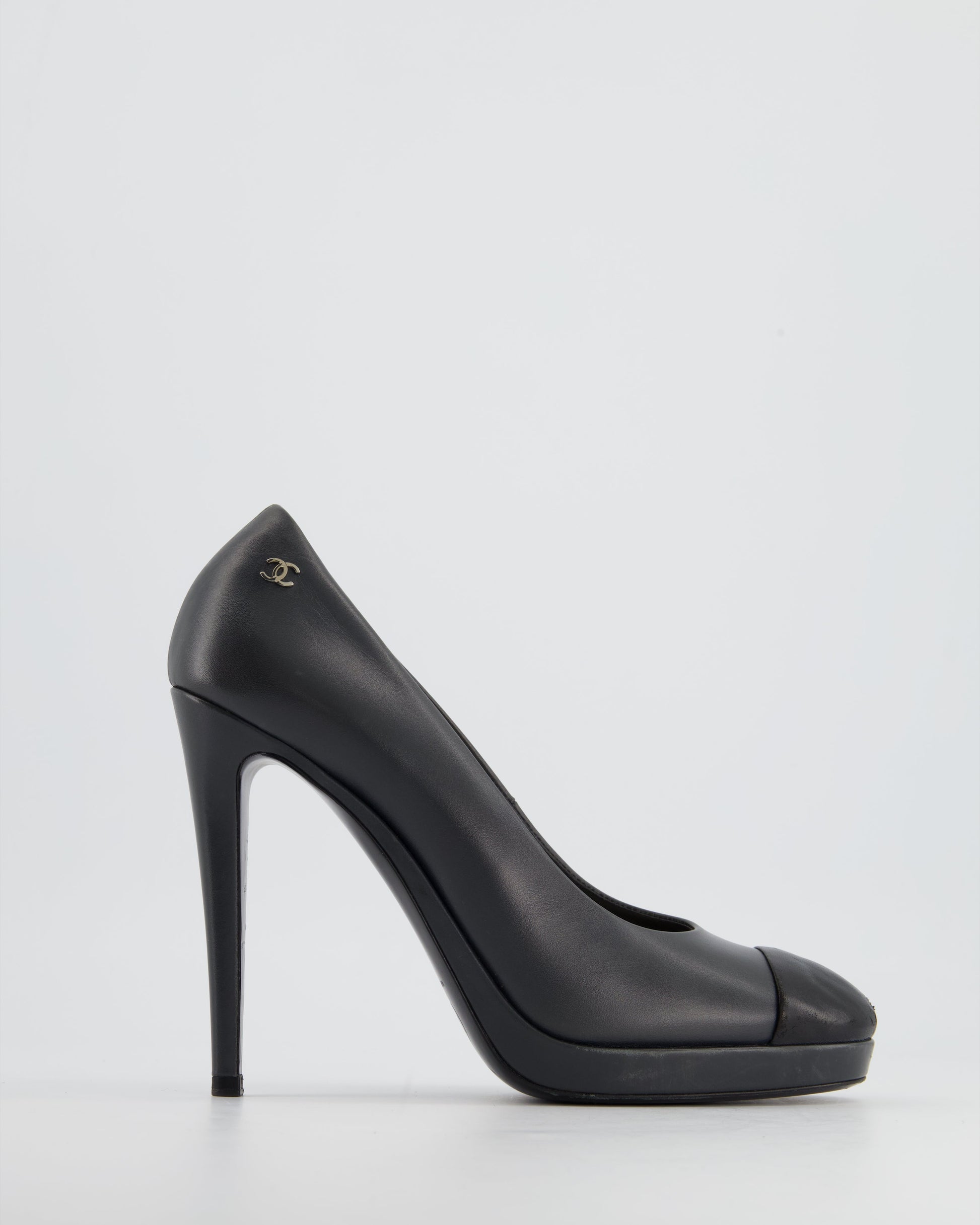 Chanel Charcoal Round Toe Heels with Silver CC Logo Detail Size Eu 40 for Women