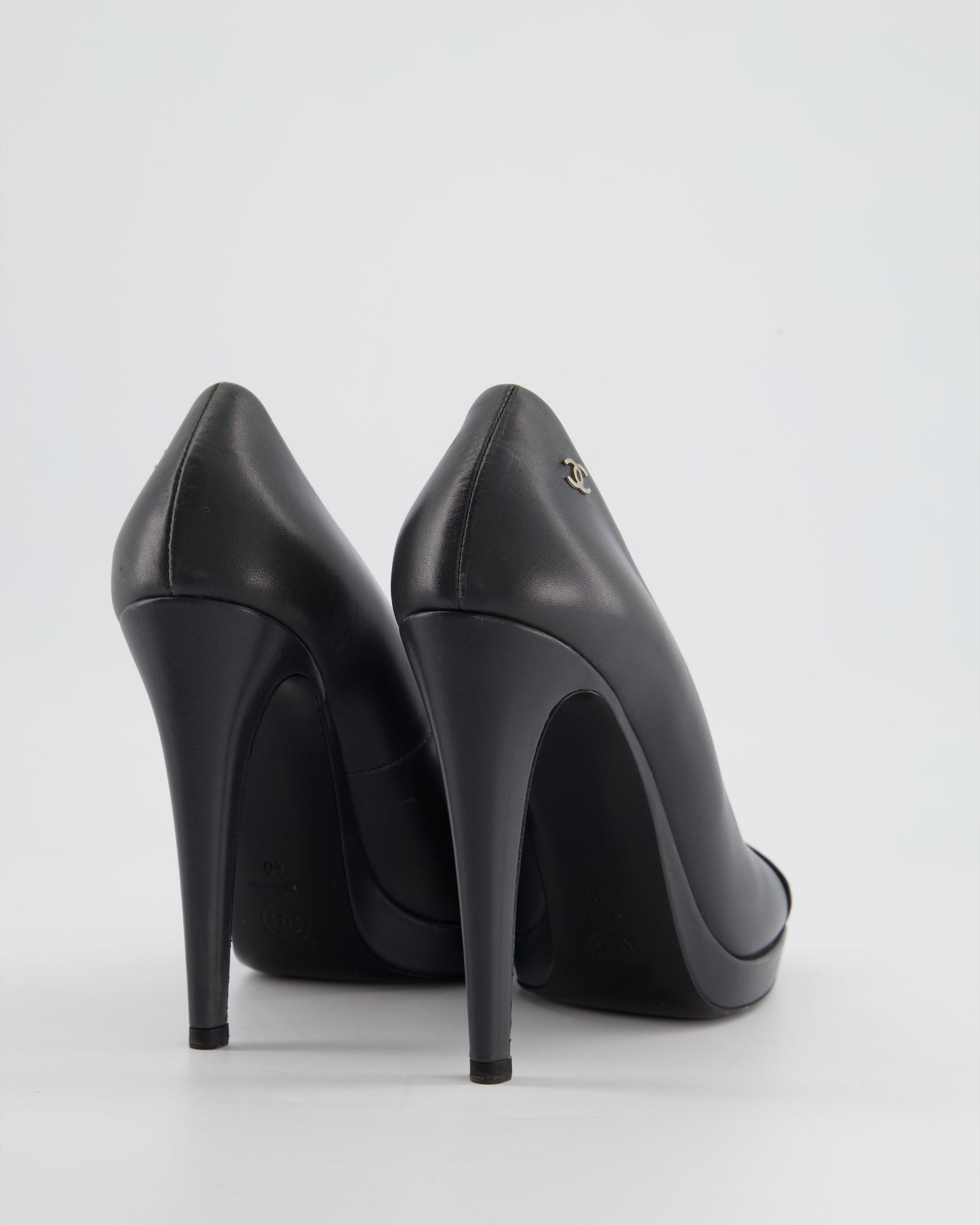 Chanel Charcoal Round Toe Heels with Silver CC Logo Detail Size Eu 40 for Women