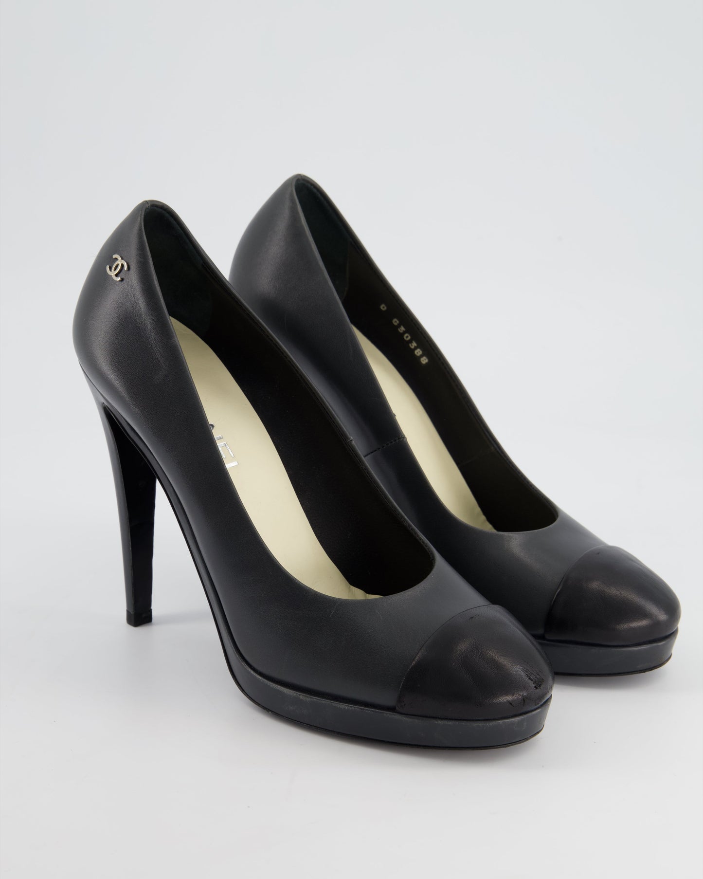 Chanel Charcoal Round Toe Heels with Silver CC Logo Detail Size Eu 40 for Women