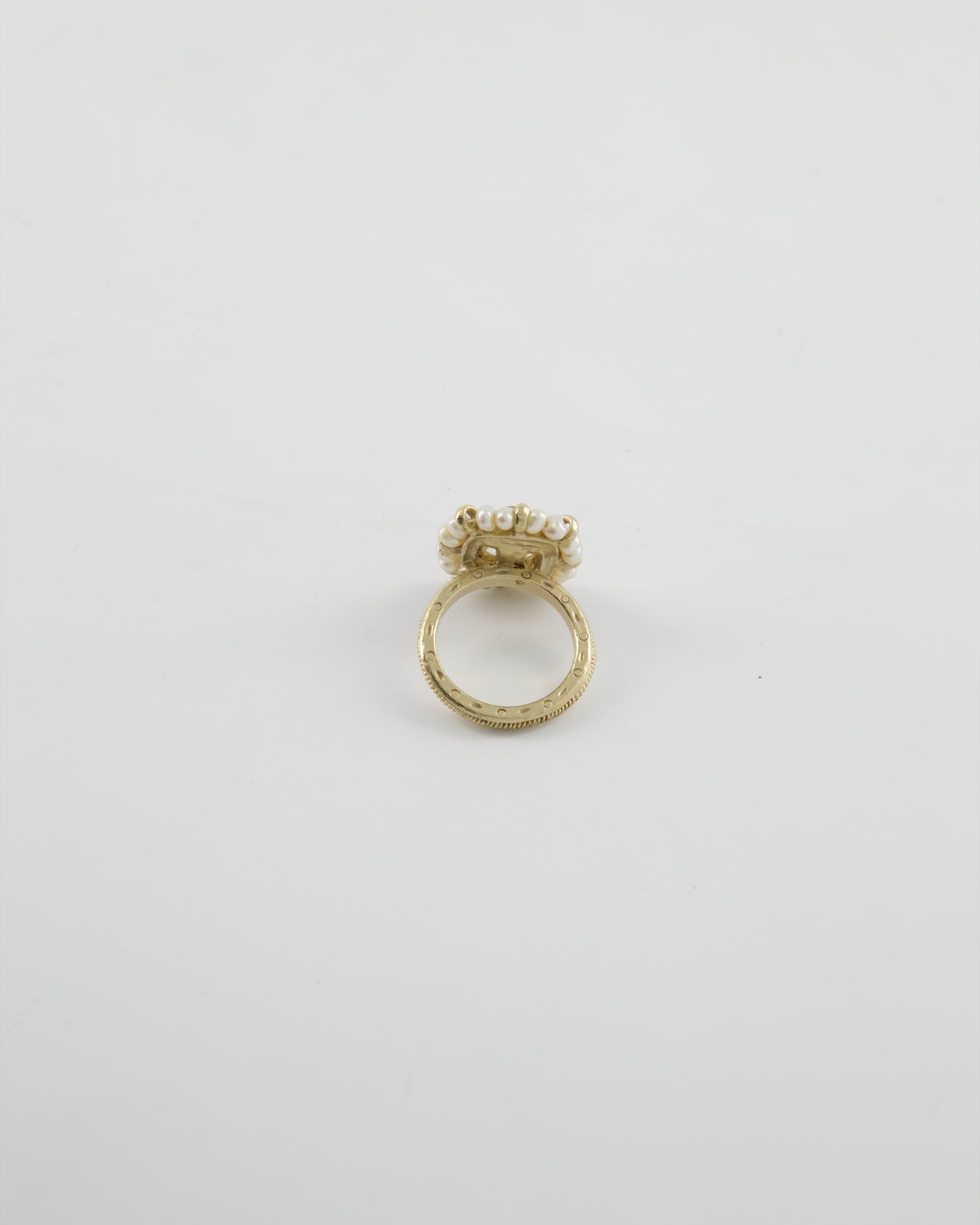 Chanel Antique Champagne Gold Square Ring with Pearl and CC Logo Detail