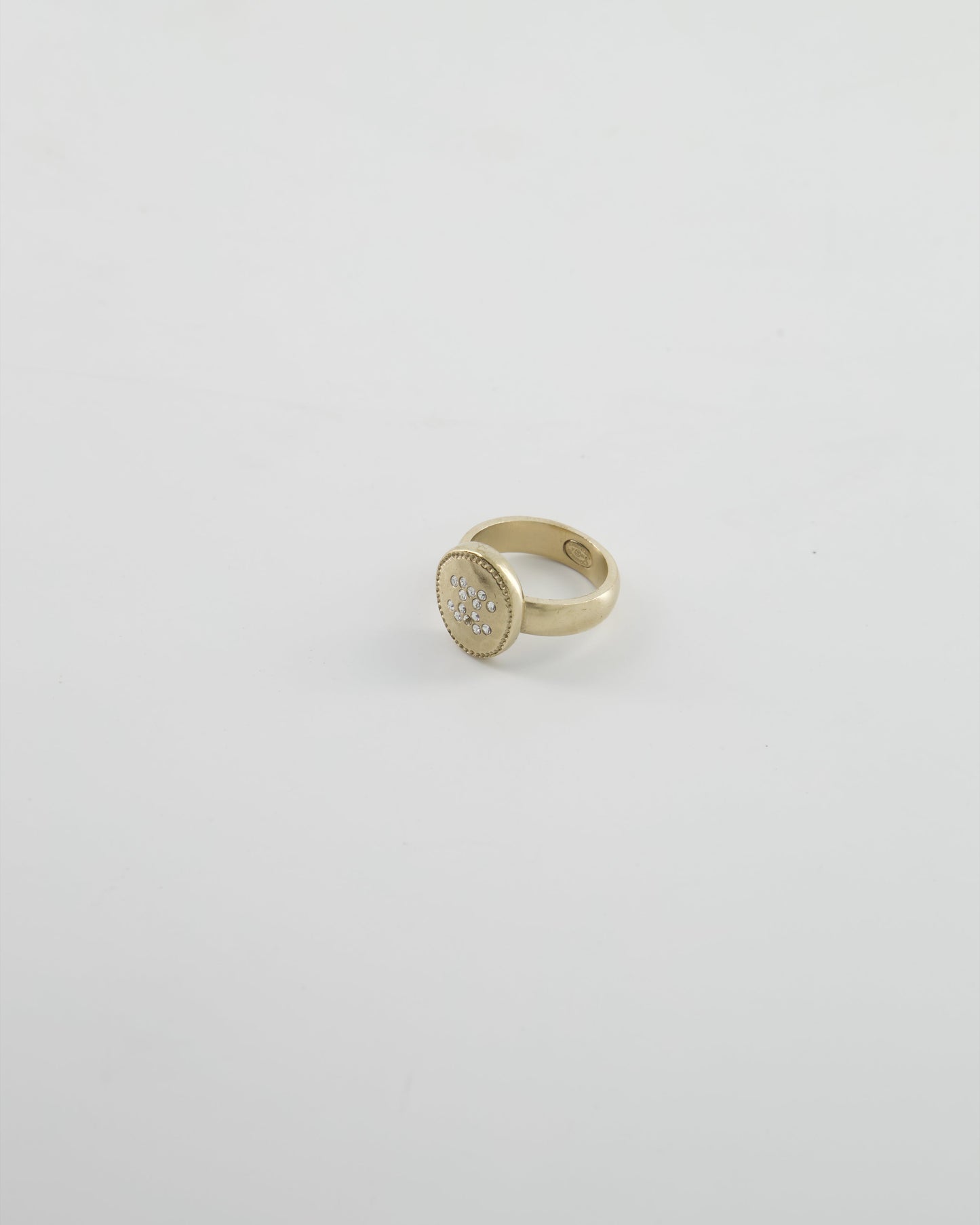 Chanel 19A Antique Champagne Gold Round Ring with Crystal CC Logo