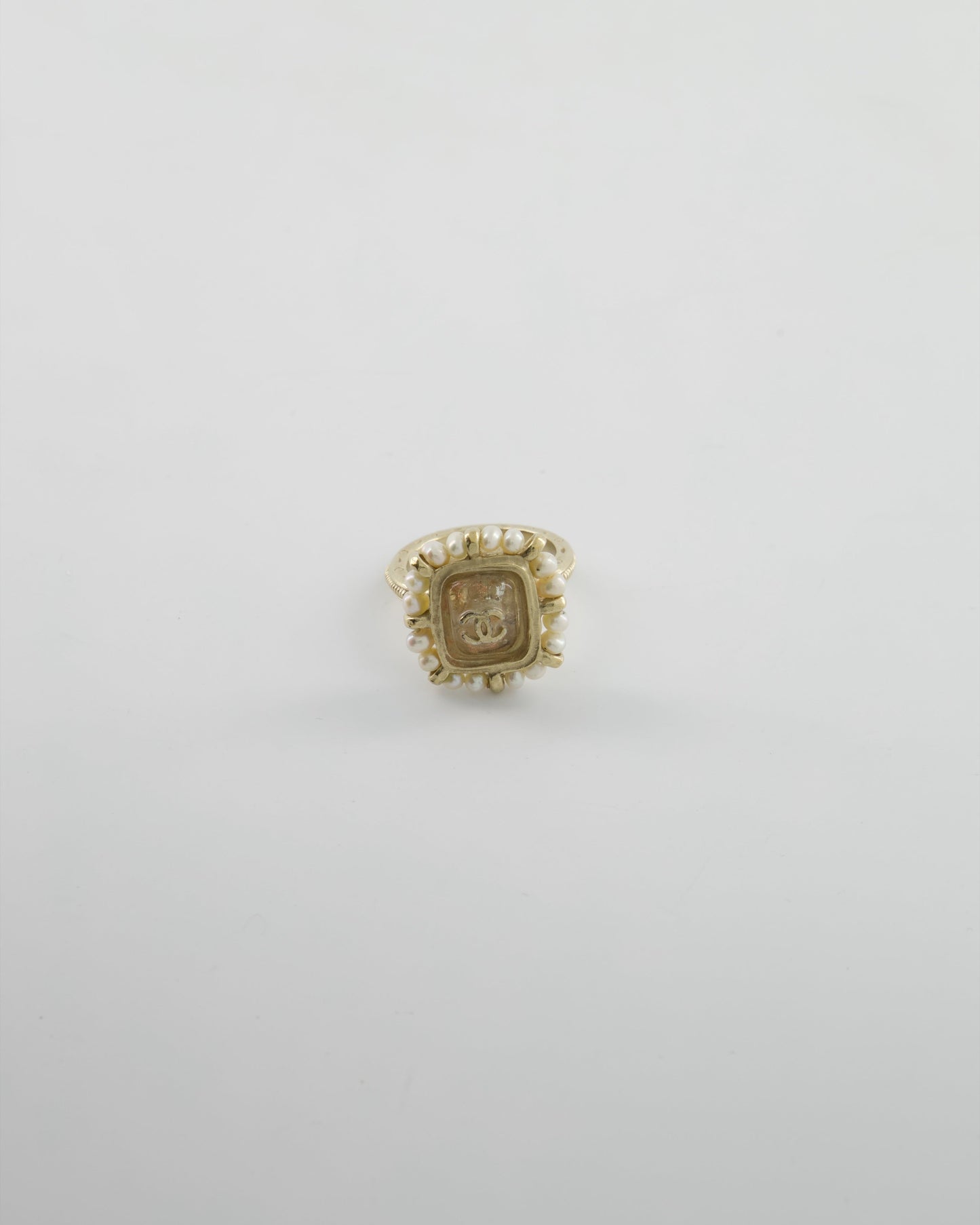 Chanel Antique Champagne Gold Square Ring with Pearl and CC Logo Detail