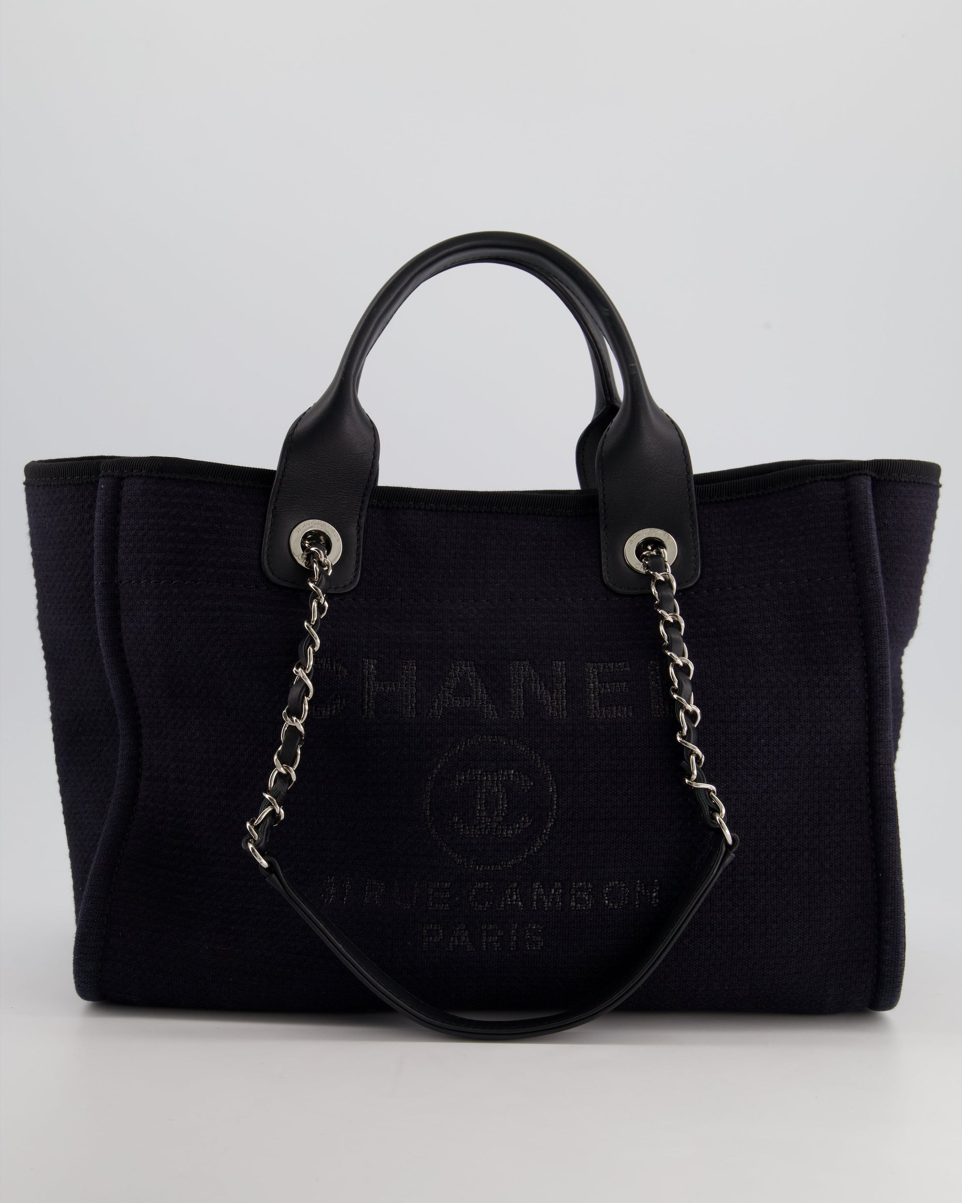Chanel Navy & Black Small Deauville Tote Bag With Silver Hardware