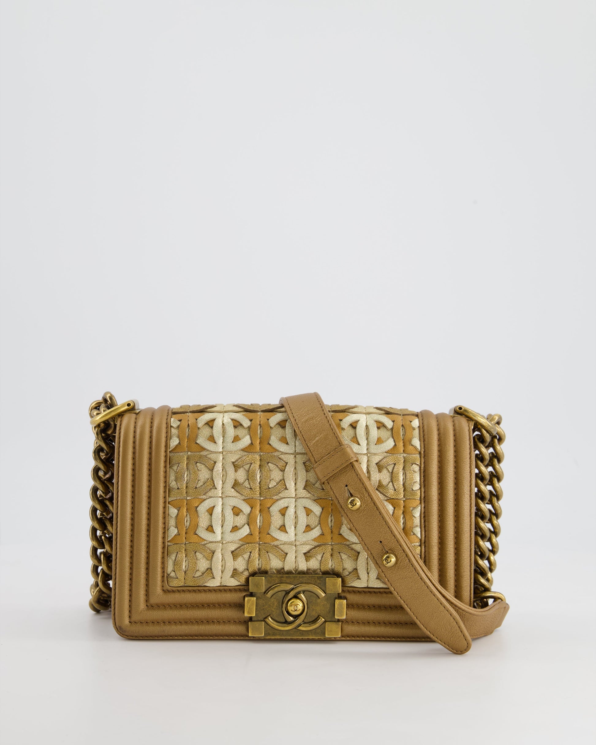 Chanel *Limited Edition* Gold Metallic Small Boy Bag In Calfskin Leather With Antique Gold Hardware Cc Details