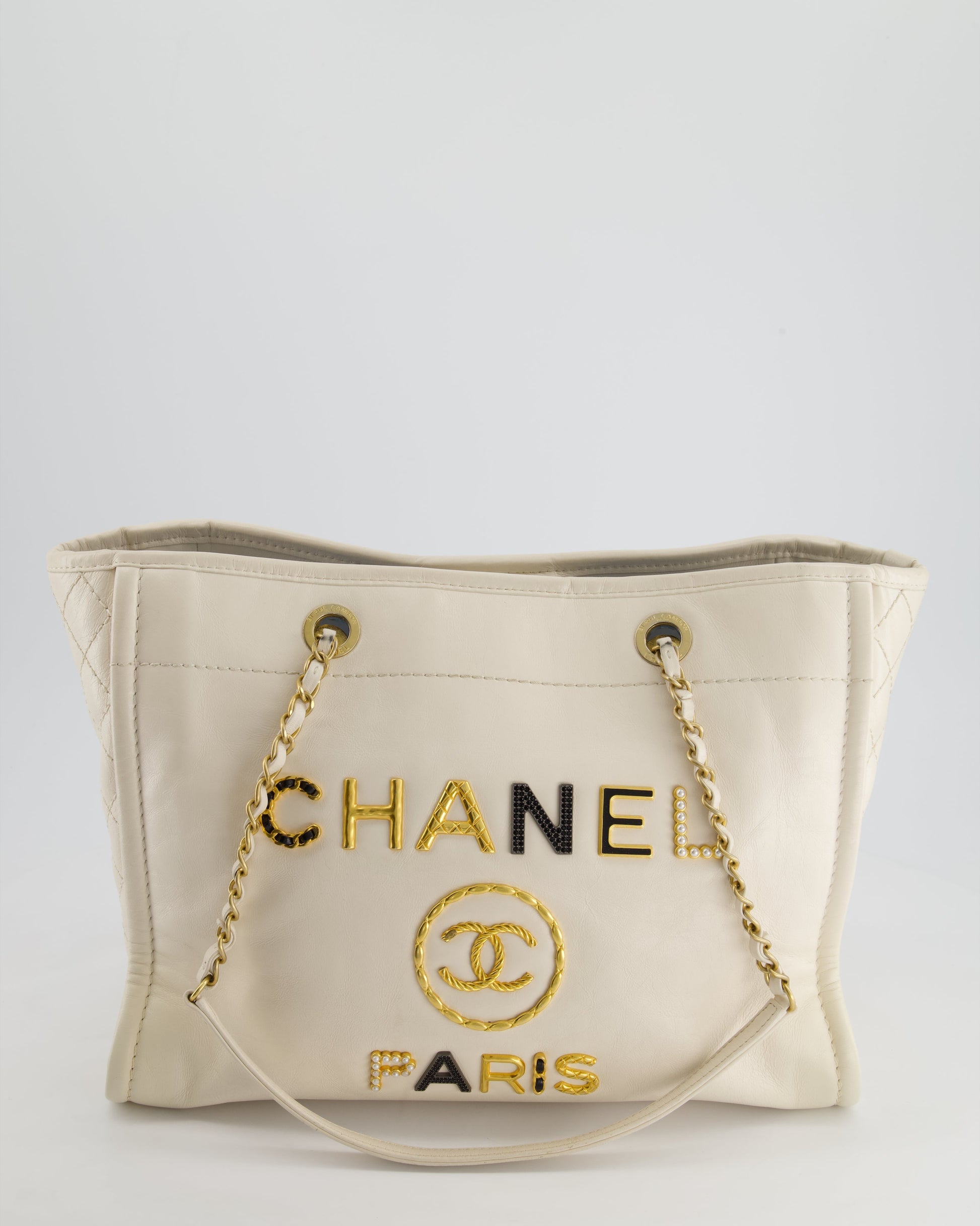 Chanel *hot* White Small Deauville Tote Bag in Aged Calfskin Leather with Antique Gold Hardware and Pearl,crystal Logo Detail