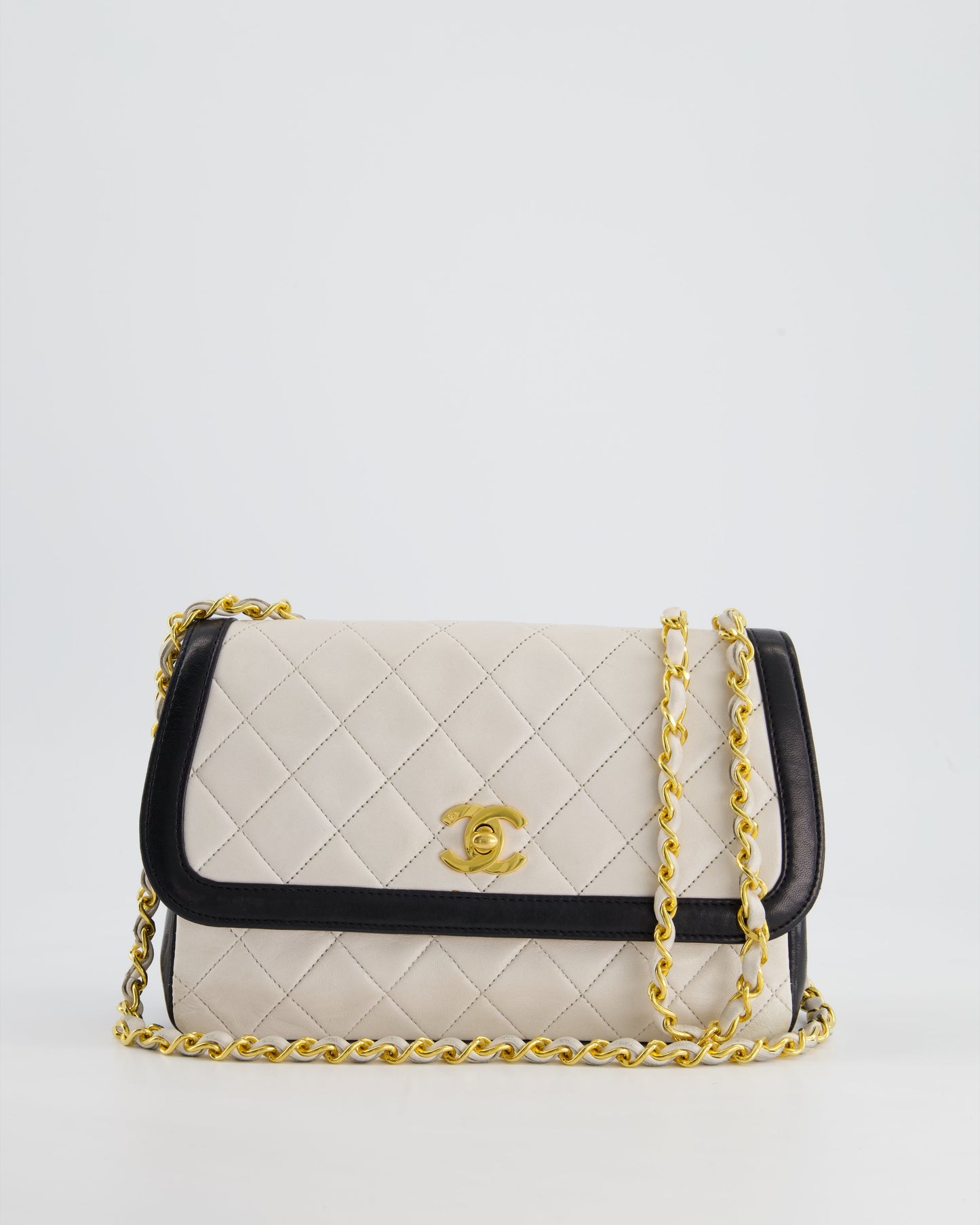 Chanel White, Black Trim Matelasse Cross-Body Bag In Lambskin Leather With 24K Gold Hardware