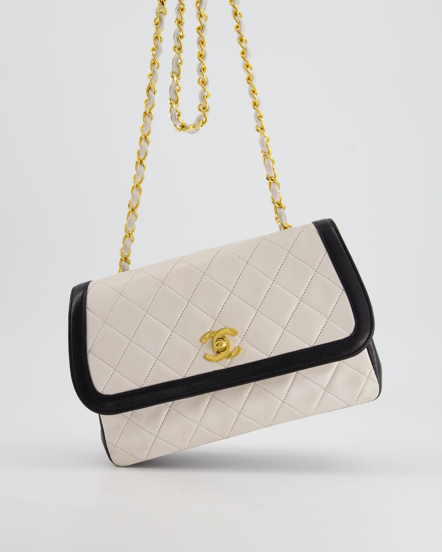 Chanel   White, Black Trim Matelasse Cross-Body Bag in Lambskin Leather with 24K Gold Hardware