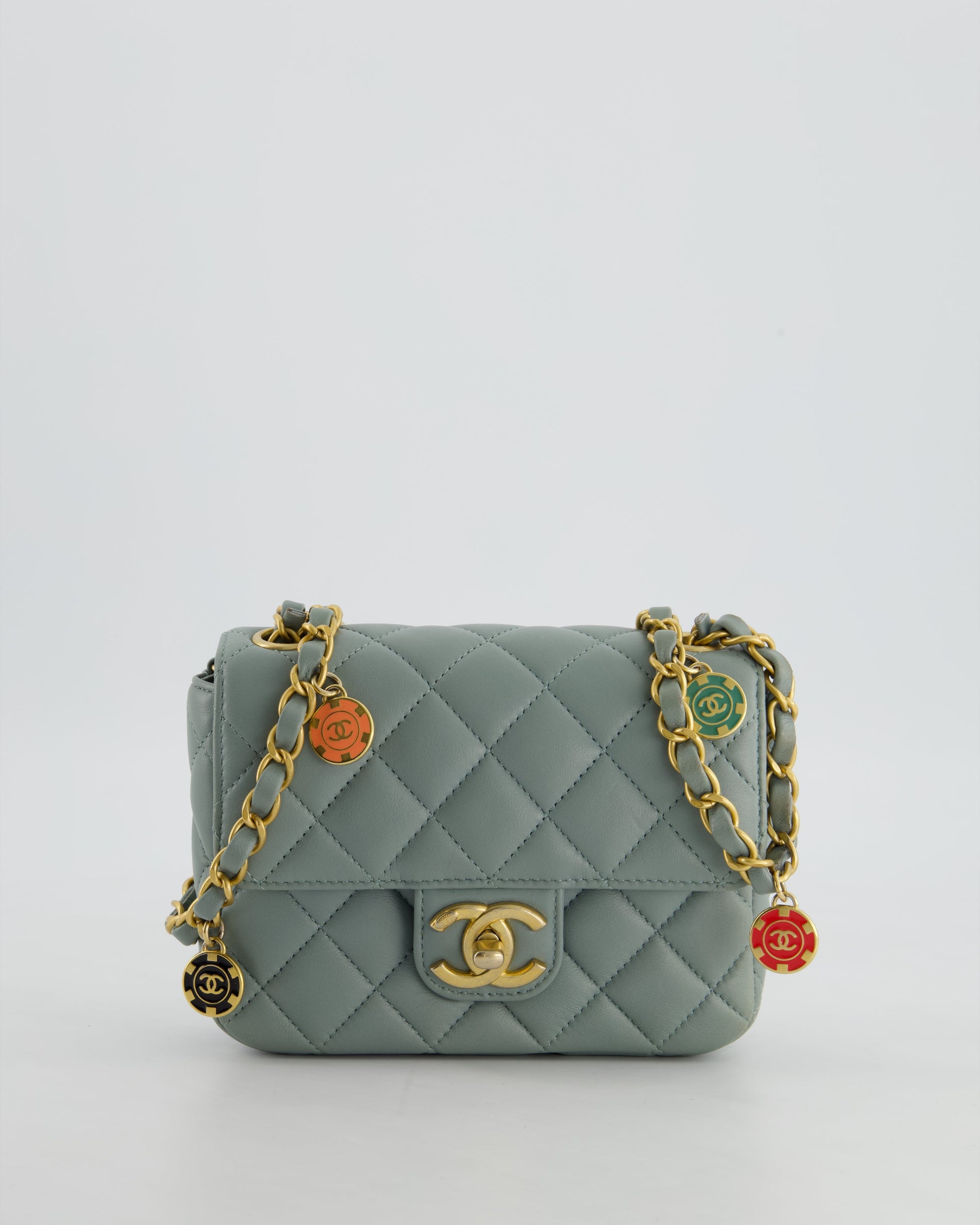 Chanel Grey Mini Flap Bag With Multicolour Coin Details And Brushed Gold Hardware