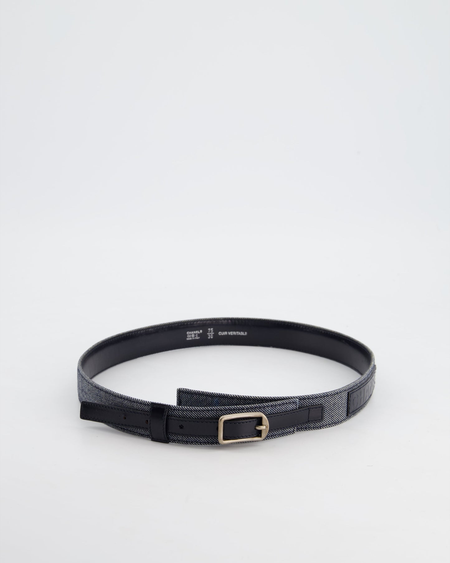Chanel   Denim & Black Leather Belt with Buckle Detail Size 75cm