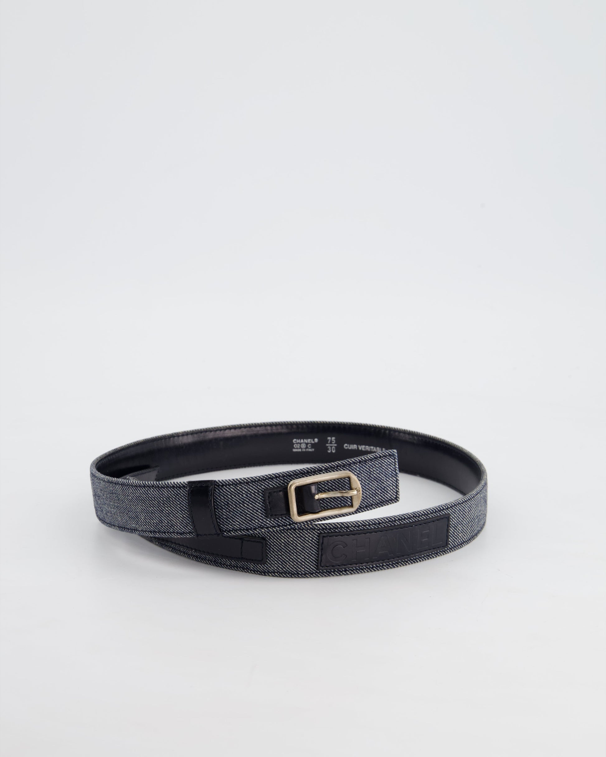 Chanel Denim & Black Leather Belt With Buckle Detail Size 75Cm Bag