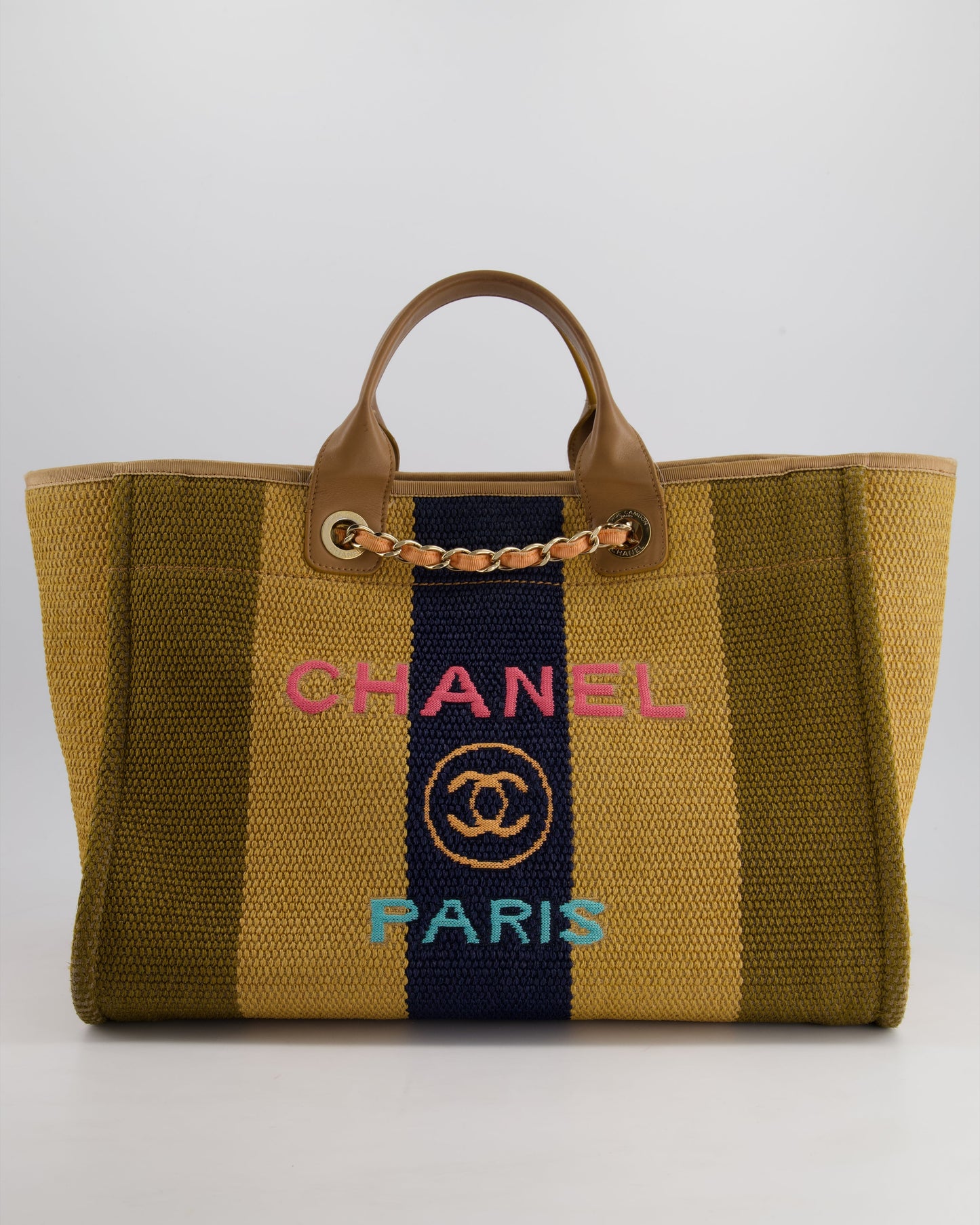 Chanel *Hot* Beige, Navy And Khaki Raffia Deauville Tote With Pastel Logo And Champagne Gold Hardware