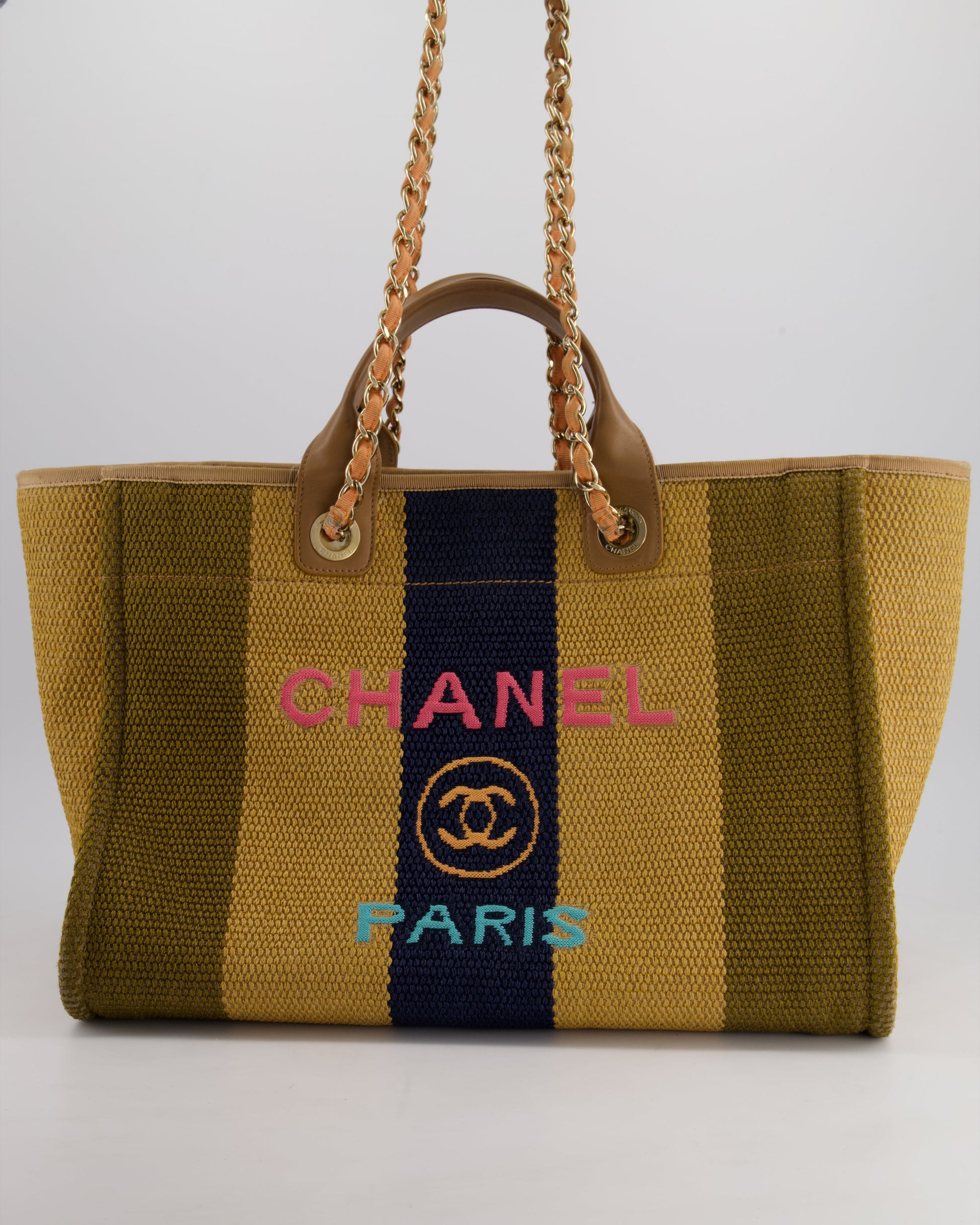 Chanel *Hot* Beige, Navy And Khaki Raffia Deauville Tote With Pastel Logo And Champagne Gold Hardware