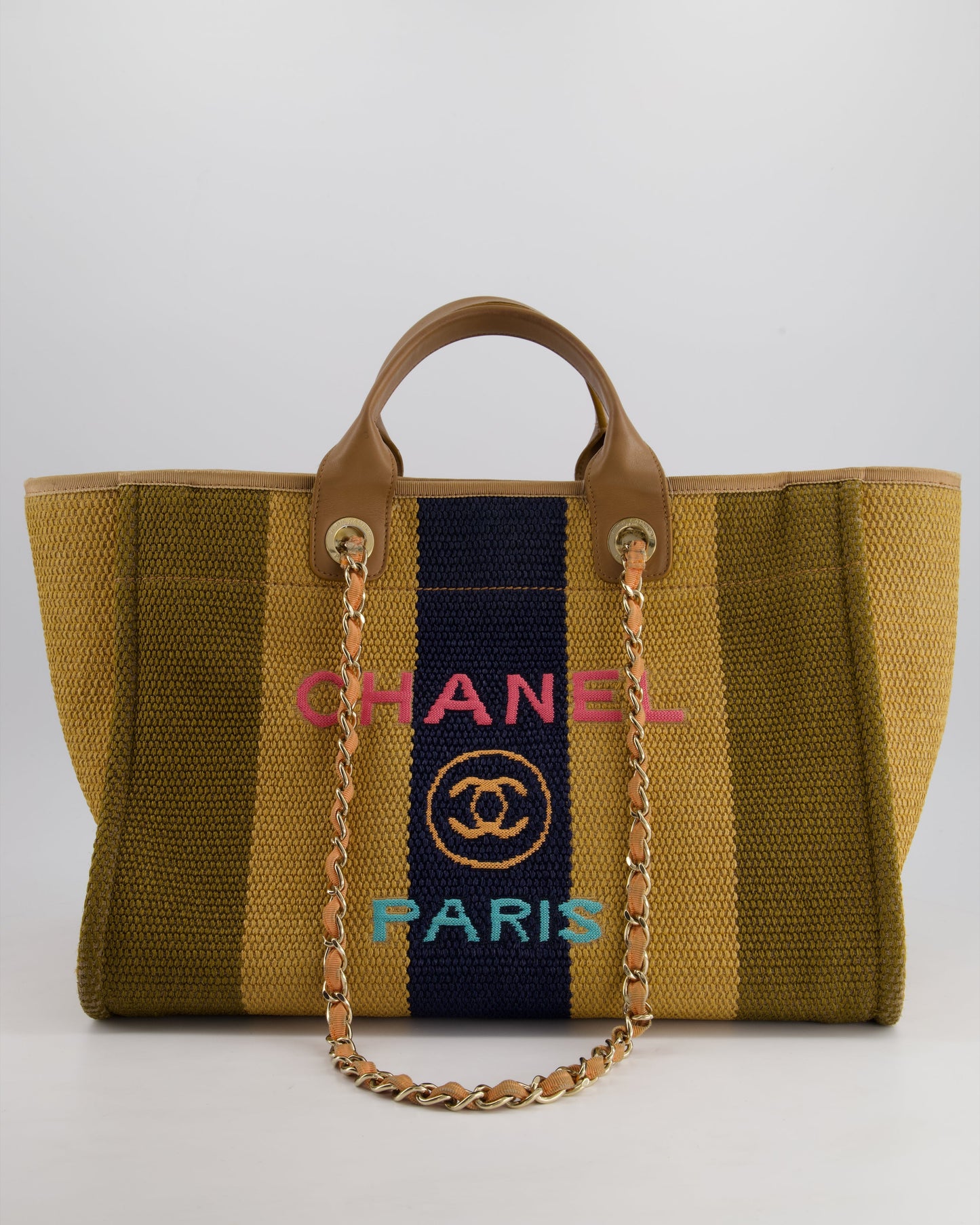 Chanel *hot* Beige,navy and Khaki Raffia Deauville Tote with Pastel Logo and Champagne Gold Hardware