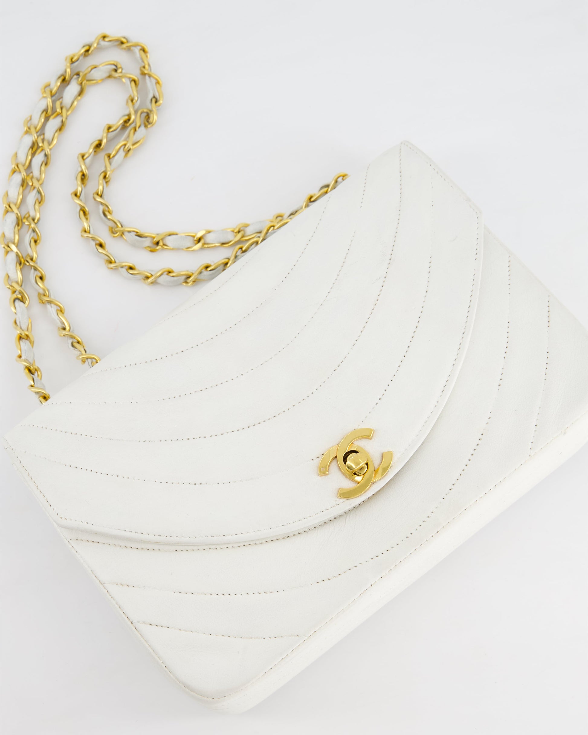 Chanel White Half Moon Curve Flap Quilted Bag With 24K Gold Hardware