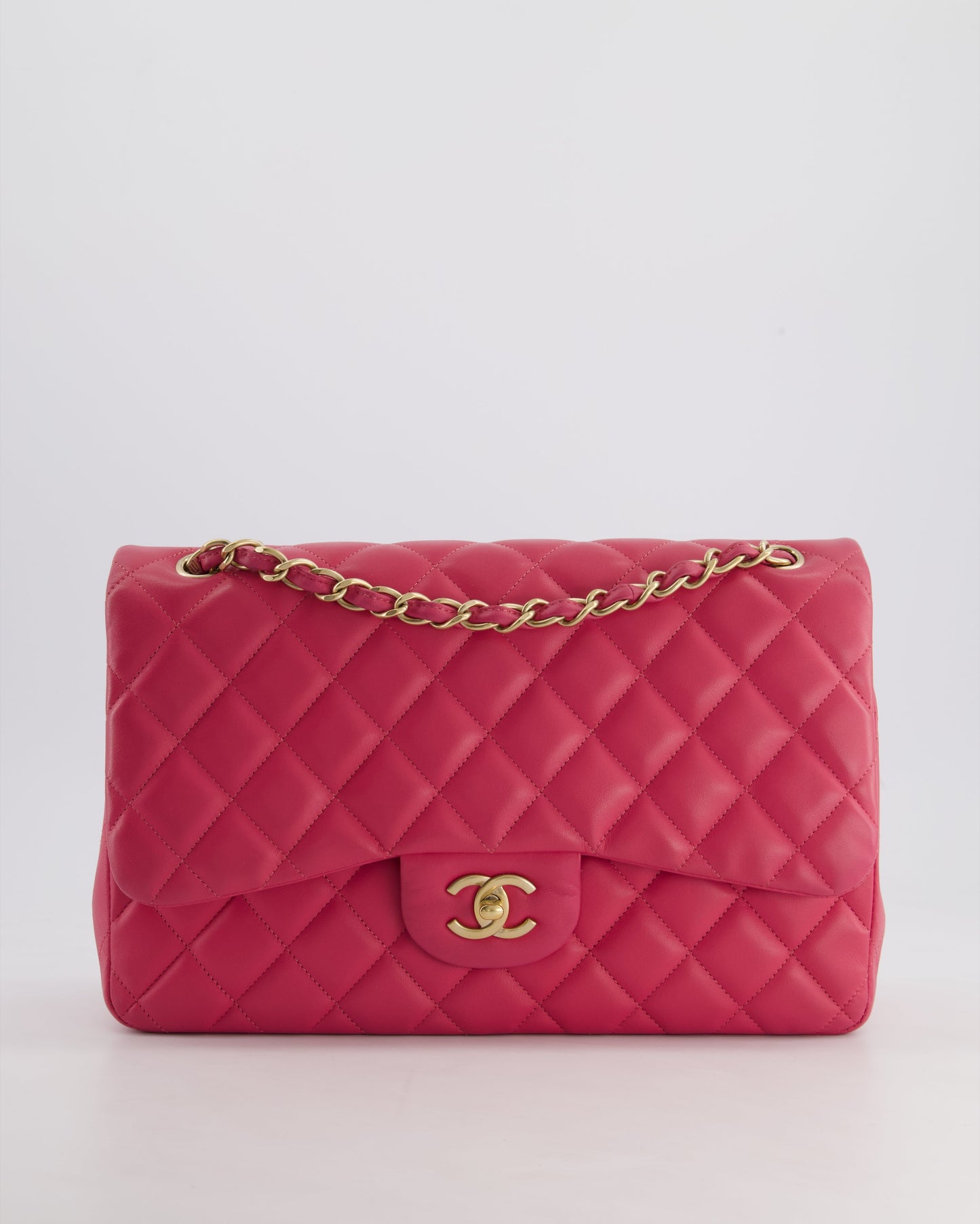 Chanel Deep Pink Classic Jumbo Double Flap Bag In Lambskin Leather And Gold Hardware