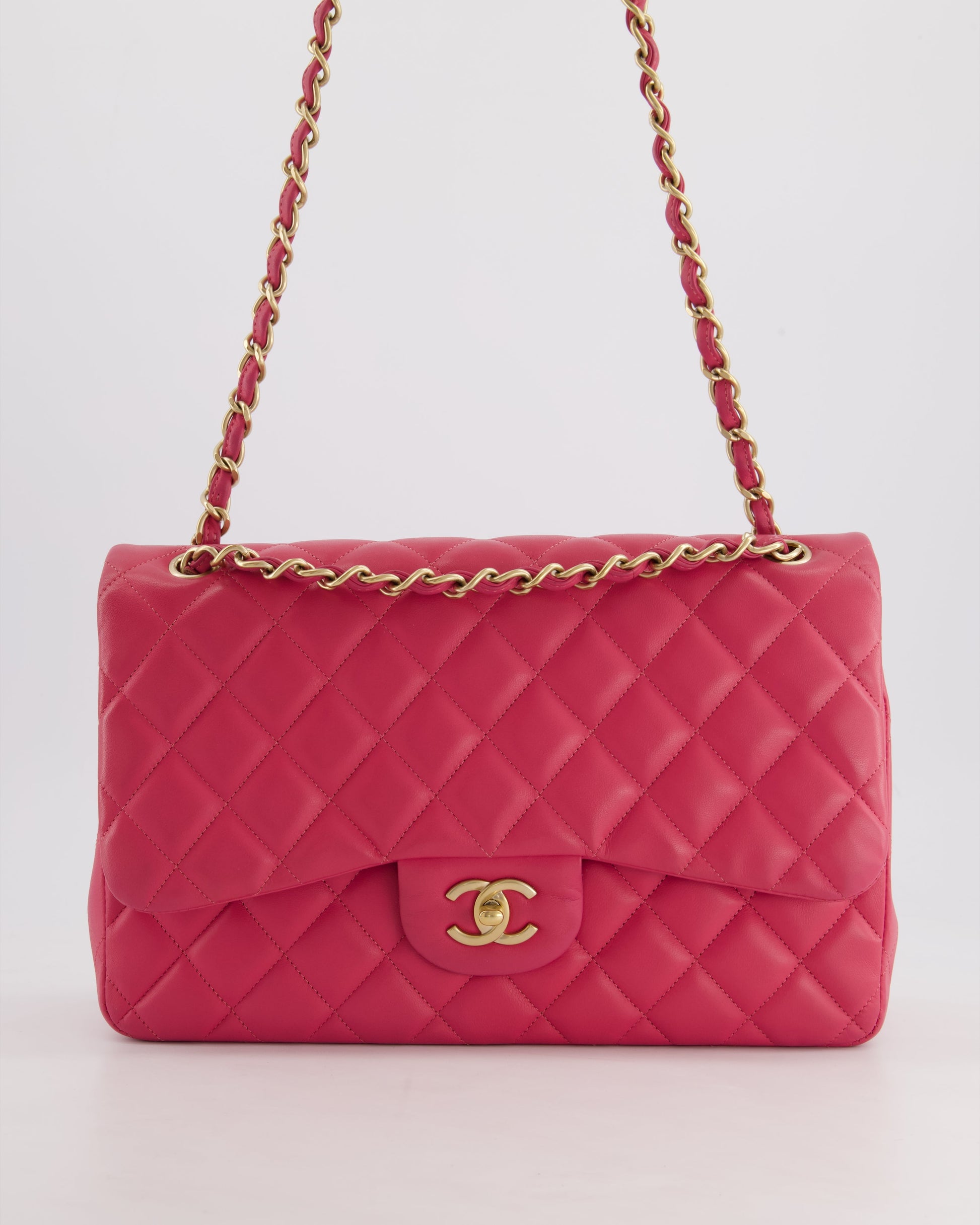 Chanel Deep Pink Classic Jumbo Double Flap Bag In Lambskin Leather And Gold Hardware