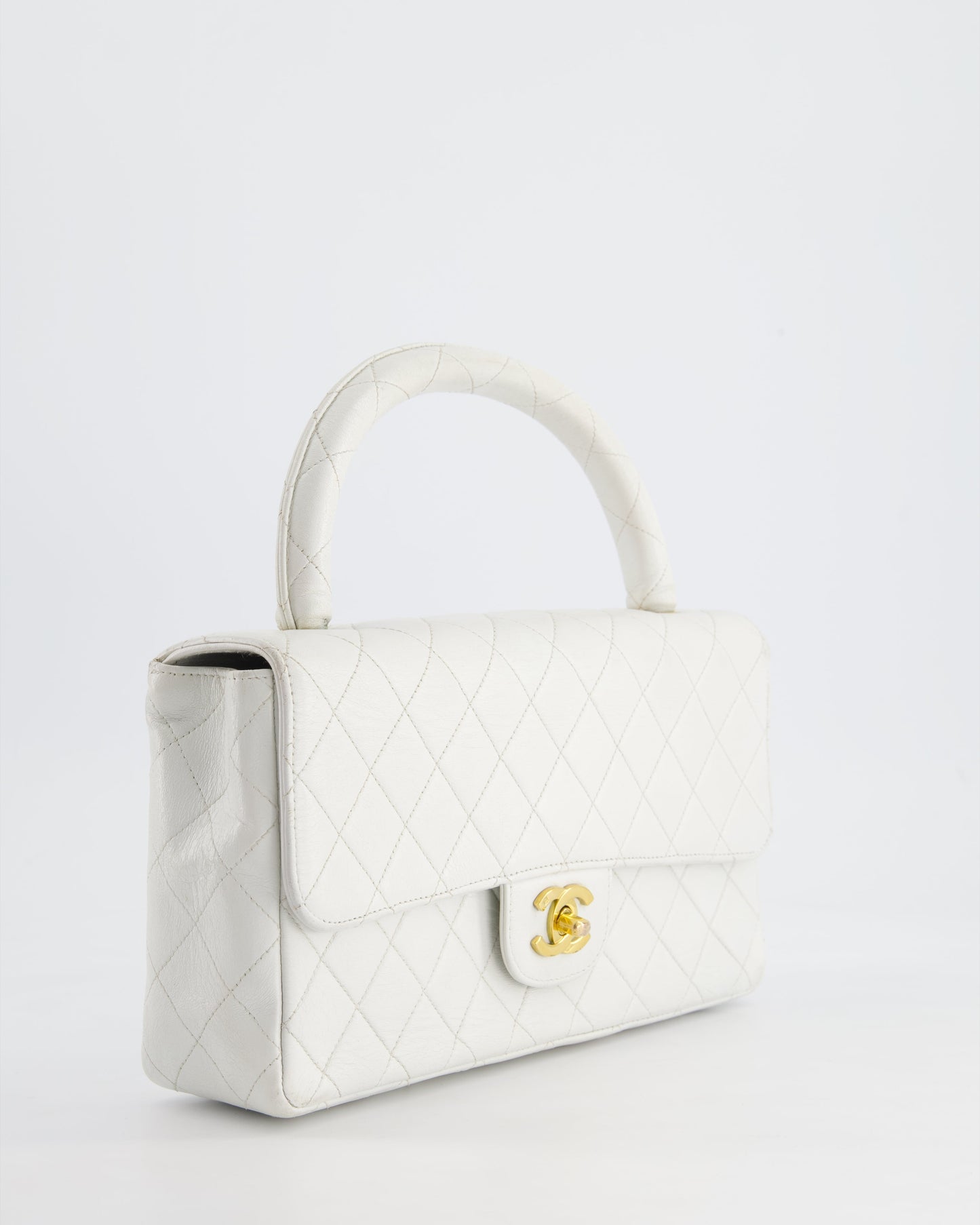 Chanel   White Matelasse Leather Top Handle Bag with 24K Gold Hardware