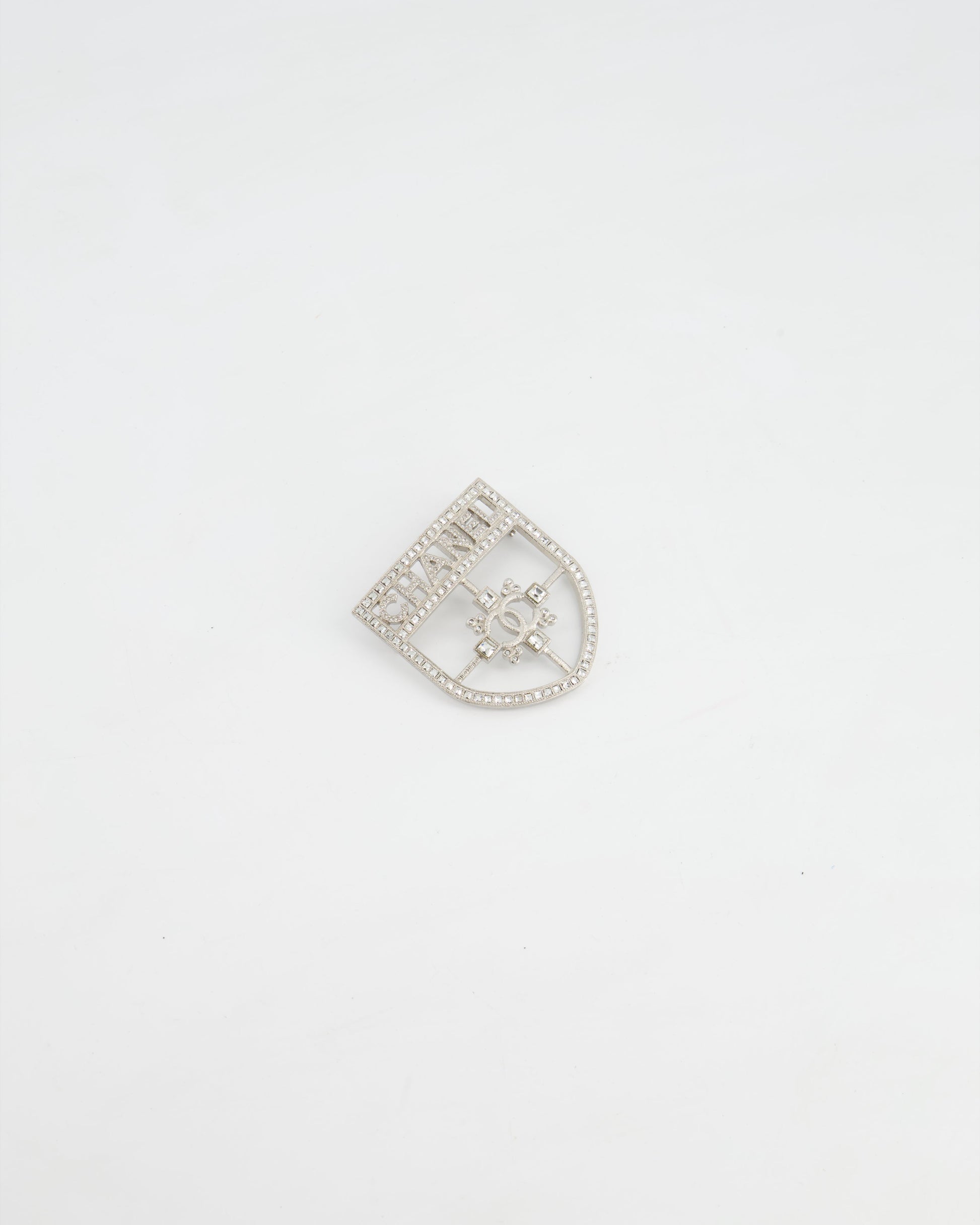 Chanel *Hot* Silver Crystal Large Brooch With Cc And Logo Details
