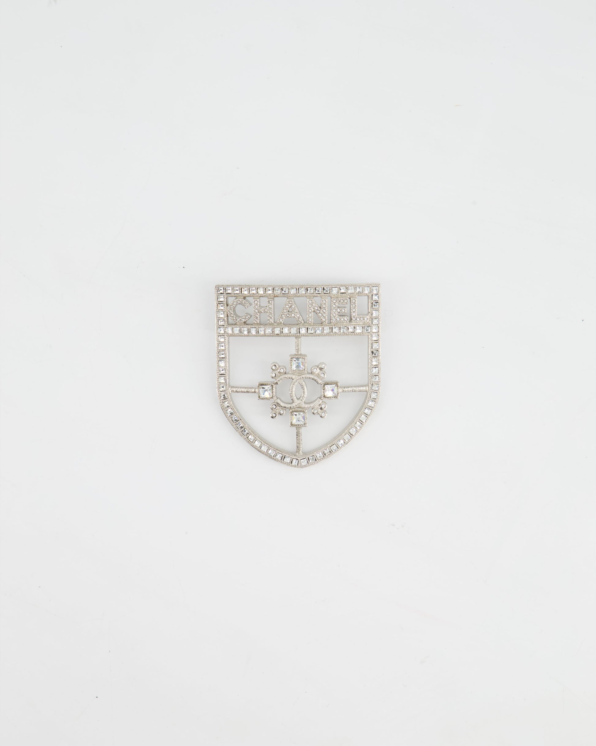 Chanel *Hot* Silver Crystal Large Brooch With Cc And Logo Details