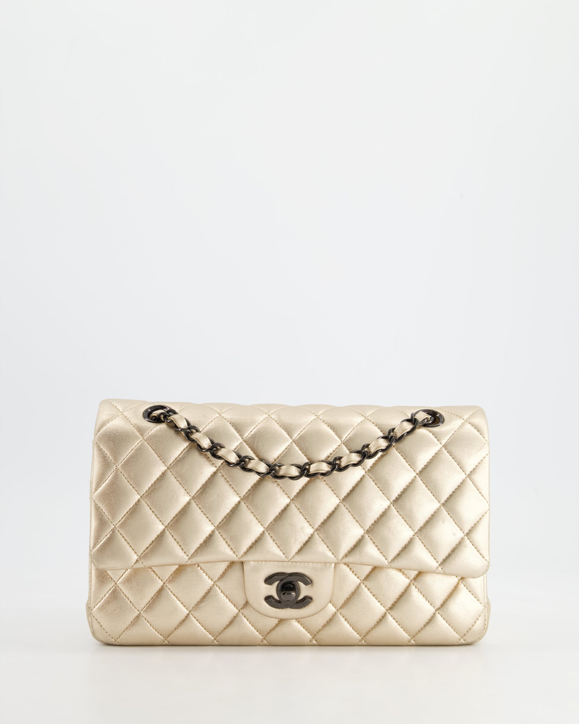 Chanel *Super Rare* Metallic Gold Medium Classic Double Flap Bag In Lambskin Leather With Black Hardware