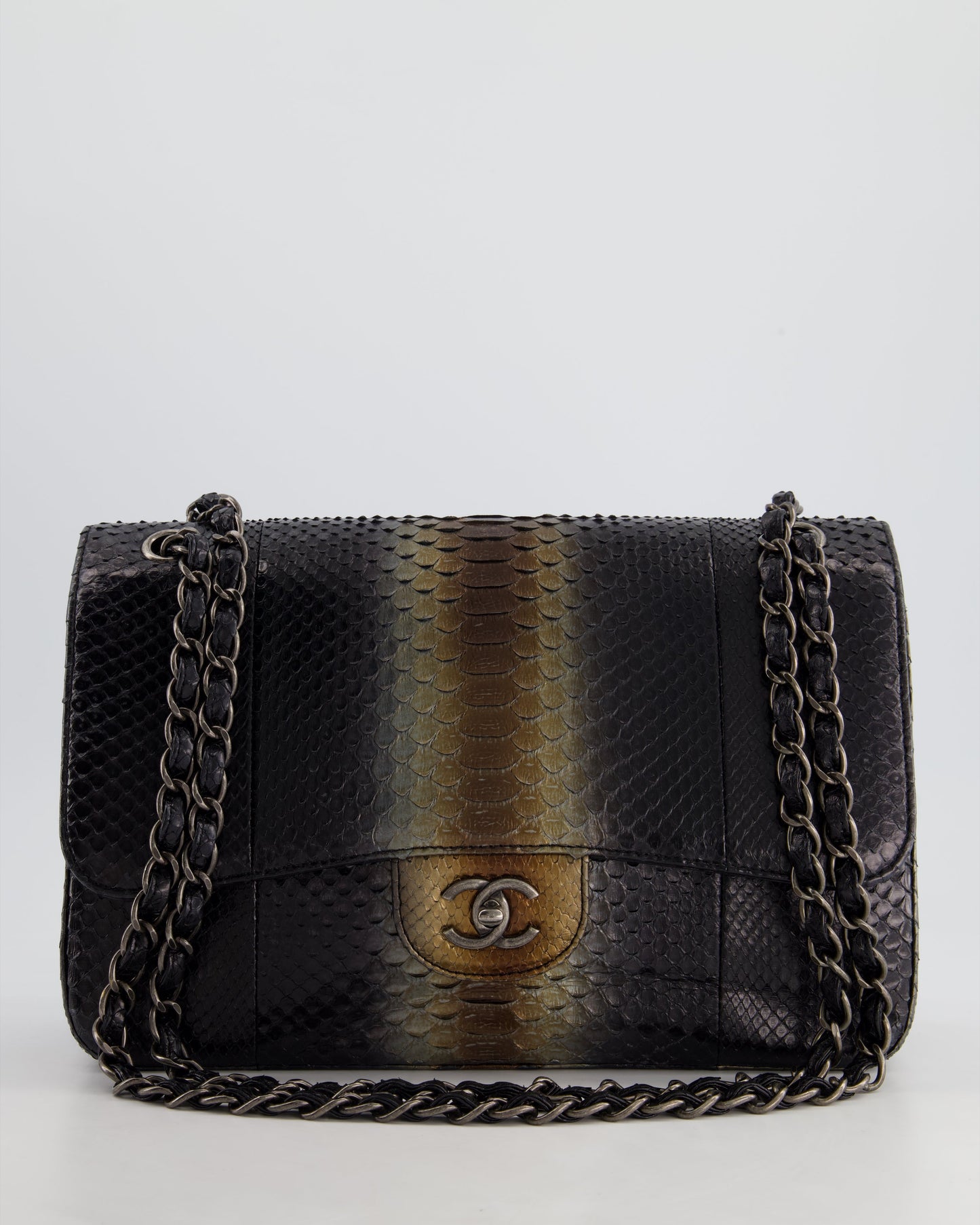 Chanel Black And Brown Python Leather Jumbo Classic Double Flap Bag With Gunmetal Hardware