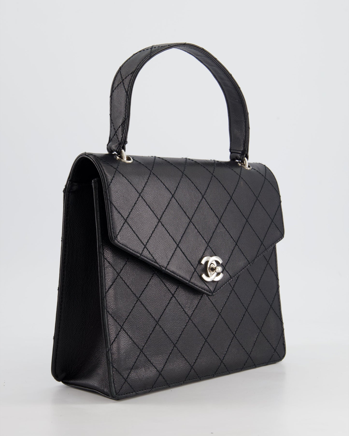 Chanel   Black Top Handle Bag in Caviar Leather with Silver Hardware