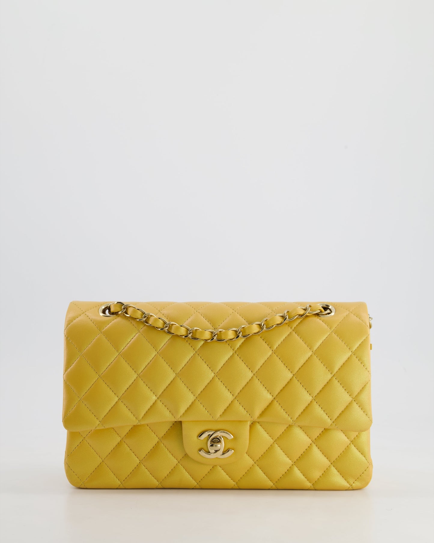Chanel *Hot* Iridescent Mustard Yellow Medium Double Flap Bag In Lambskin Leather With Champagne Gold Hardware