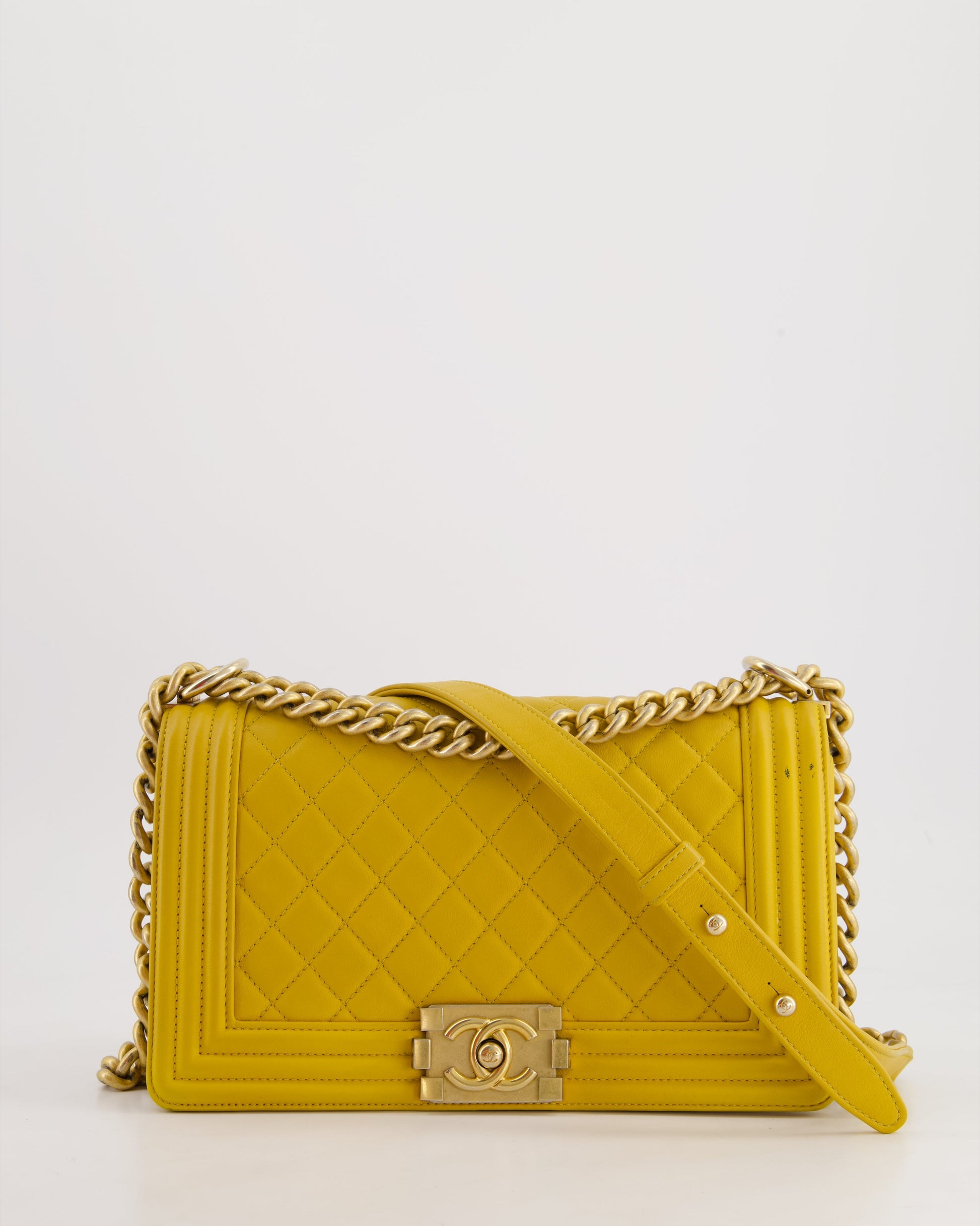 Chanel Mustard Yellow Medium Boy Bag In Calfskin Leather With Antique Gold Hardware