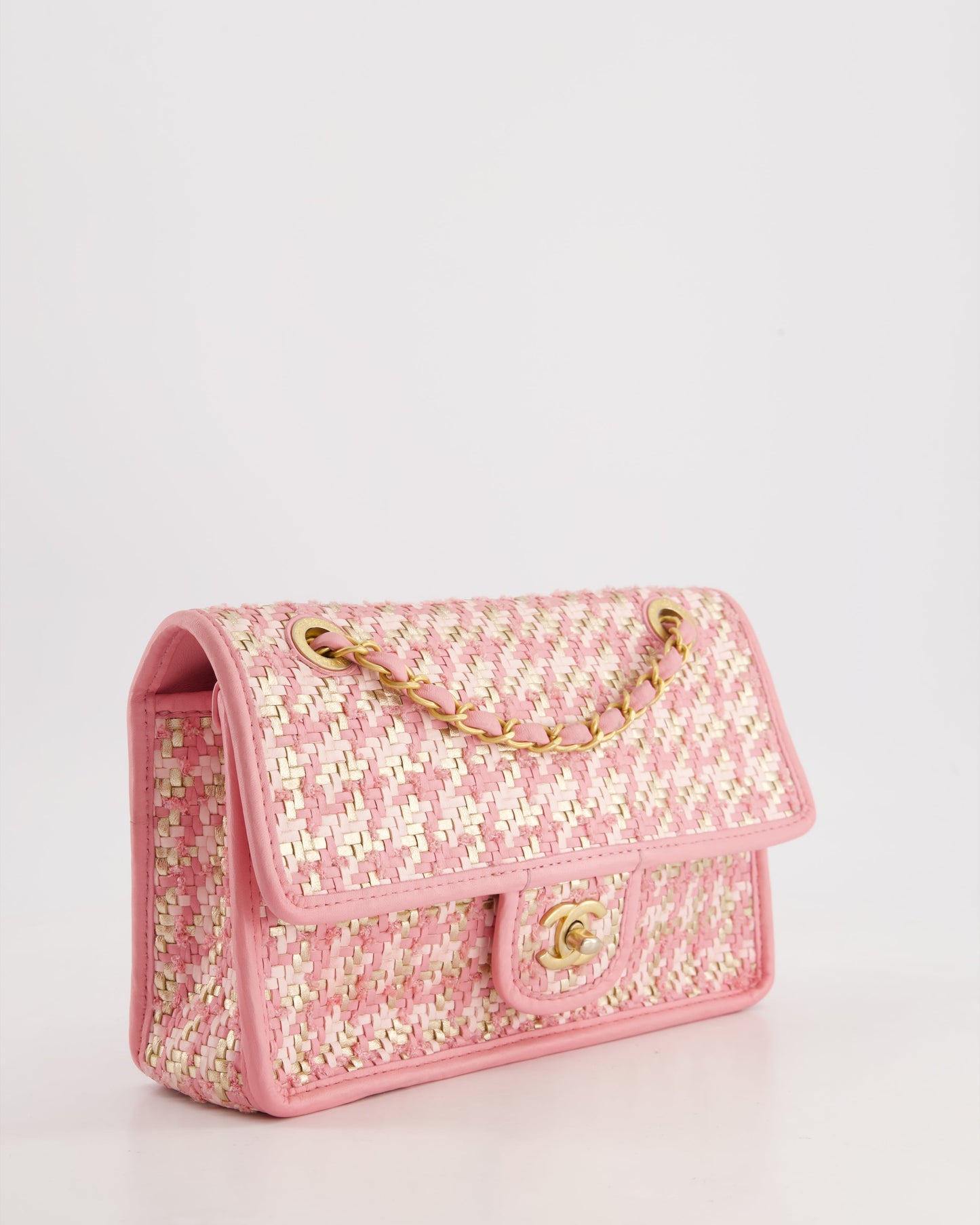 Chanel 23C Pink Woven Flap Bag With Leather Edge Detail And Brushed Gold Hardware