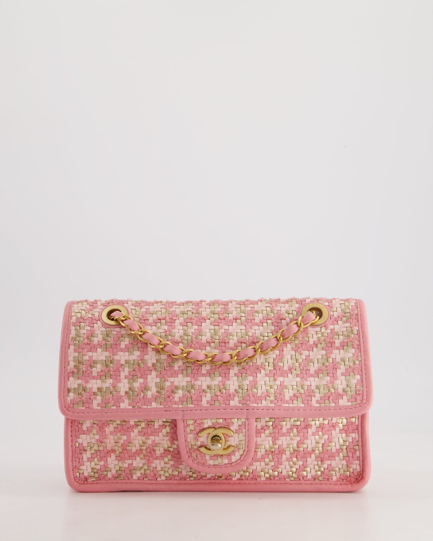 Chanel 23C Pink Woven Flap Bag With Leather Edge Detail And Brushed Gold Hardware