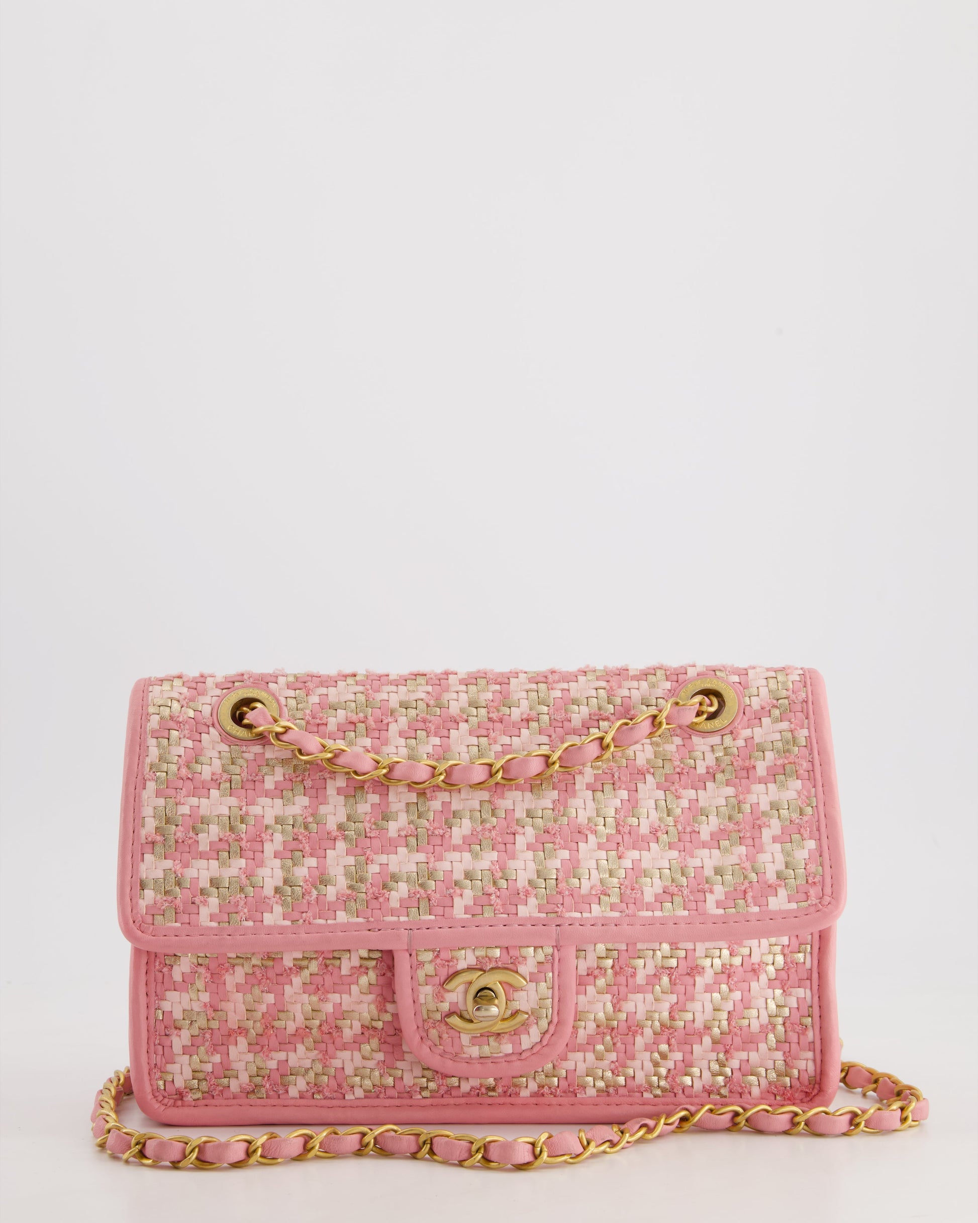 Chanel 23C Pink Woven Flap Bag With Leather Edge Detail And Brushed Gold Hardware