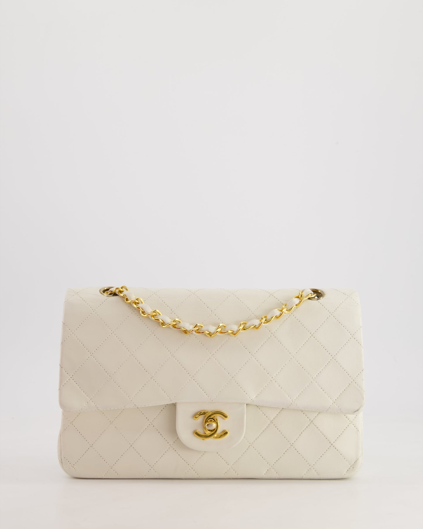 Chanel *fire Price* White Medium Classic Double Flap Bag in Lambskin Leather with 24K Gold Hardware
