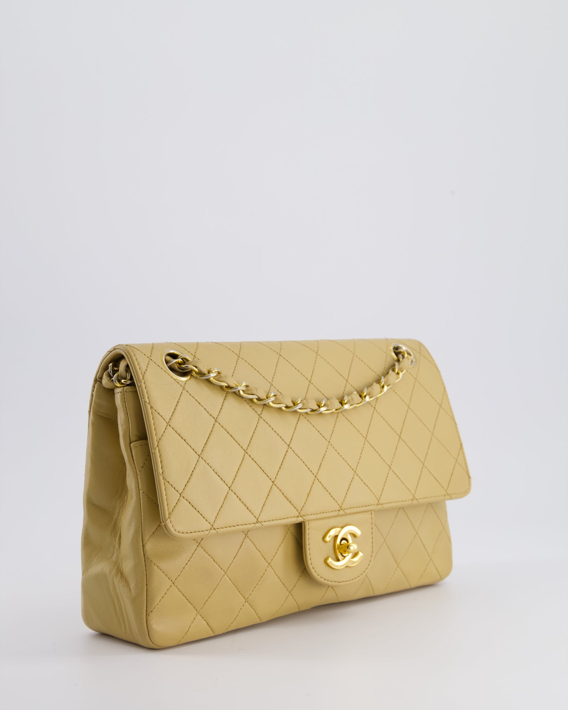 Chanel *Fire Price* Chai Beige Classic Medium Stitched Edge Double Flap Bag In Lambskin Leather With 24K Gold Hardware
