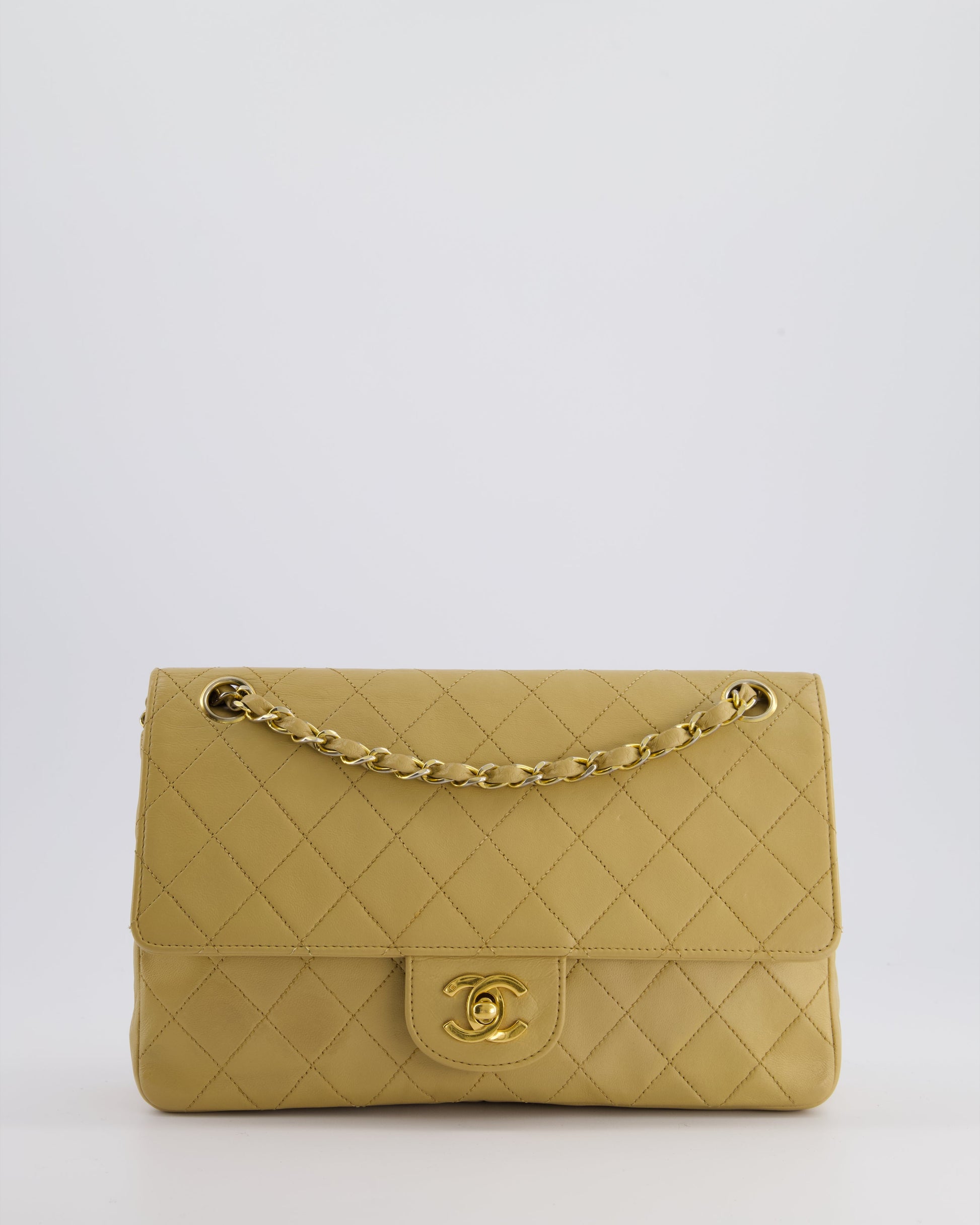 Chanel *Fire Price* Chai Beige Classic Medium Stitched Edge Double Flap Bag In Lambskin Leather With 24K Gold Hardware