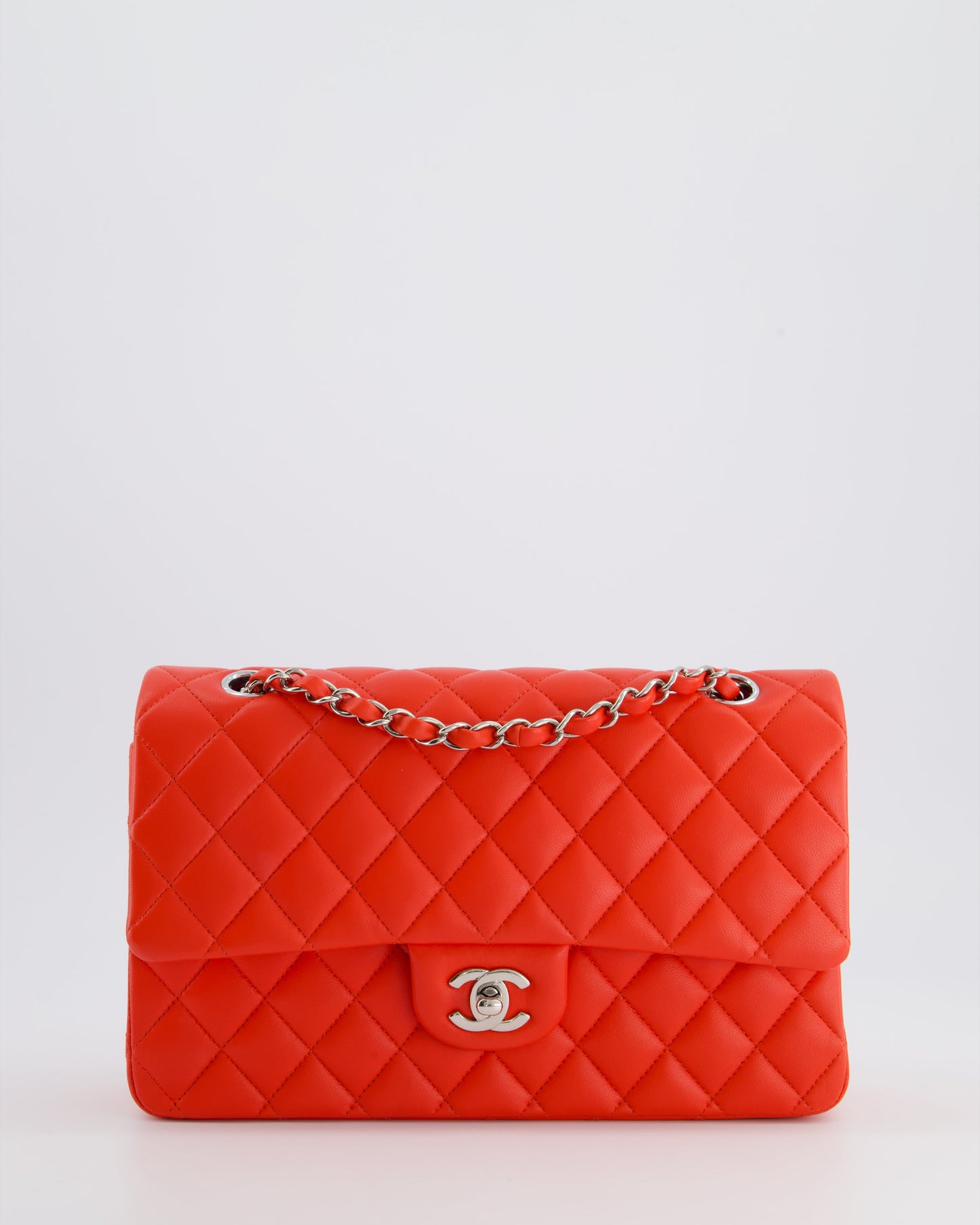 Chanel Scarlet Red Medium Classic Double Flap Bag In Lambskin Leather With Silver Hardware