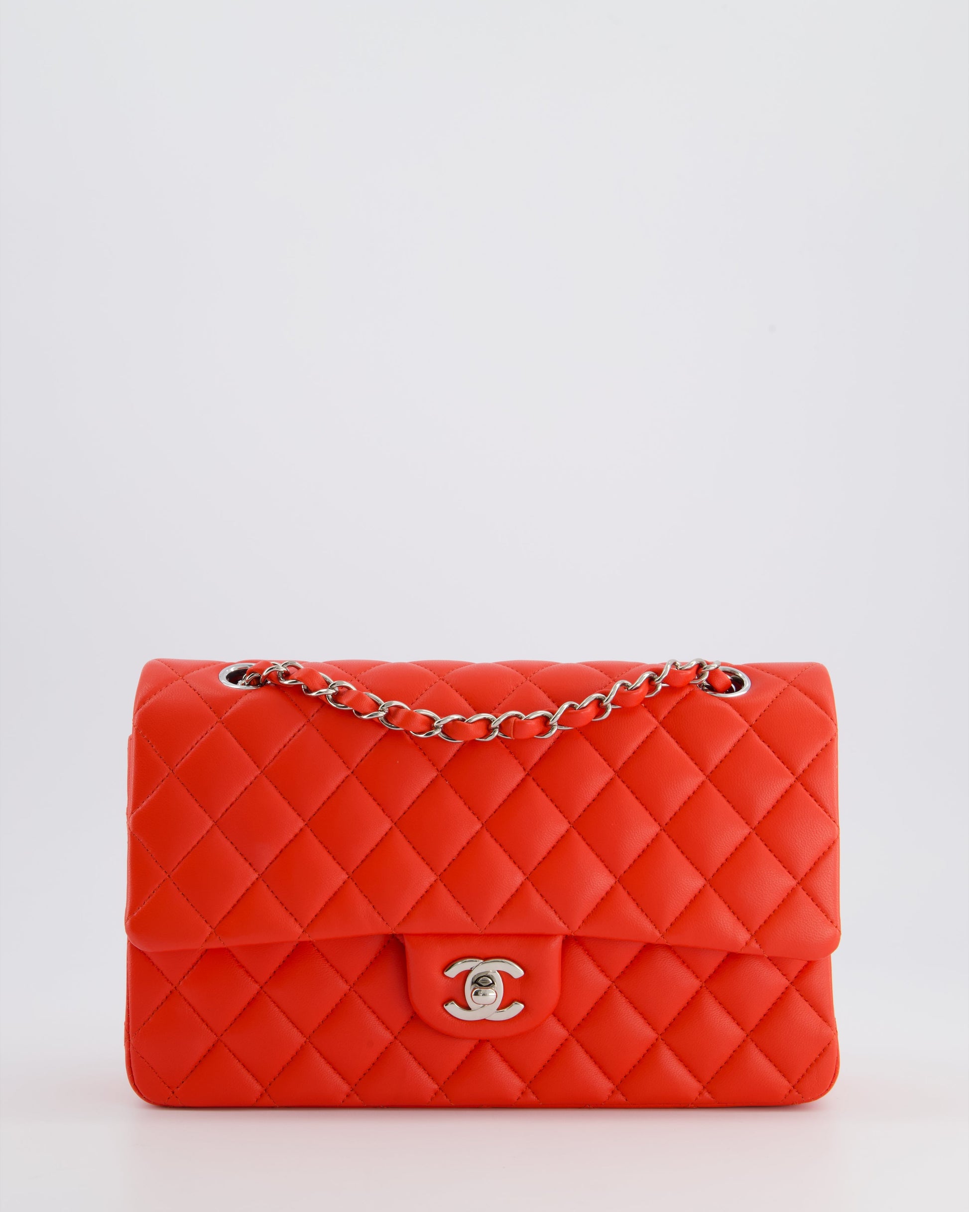 Chanel Scarlet Red Medium Classic Double Flap Bag In Lambskin Leather With Silver Hardware