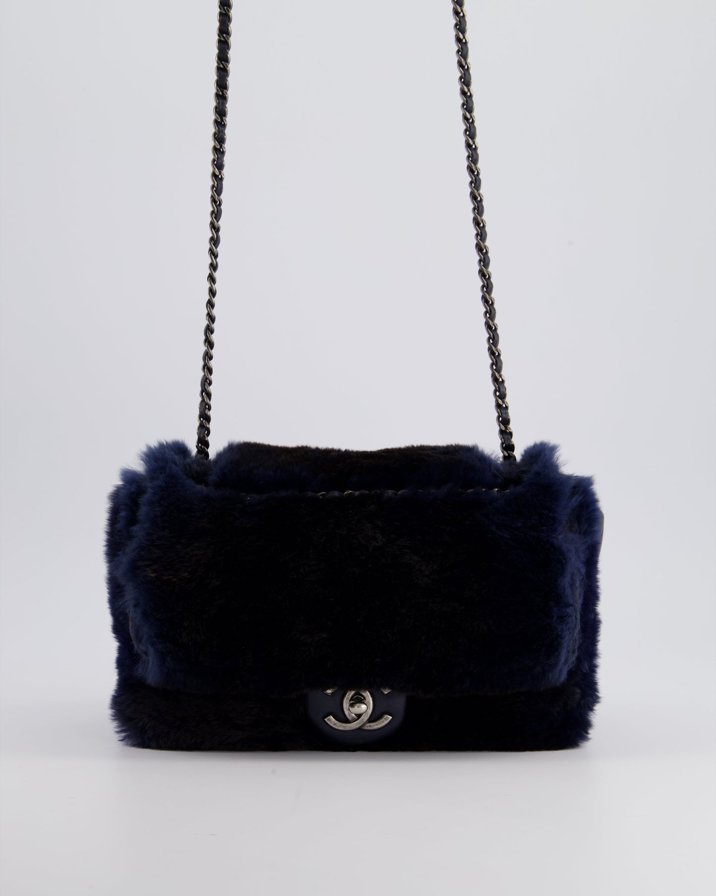 Chanel *hot* Navy Rabbit Fur Single Flap Bag with Silver Hardware