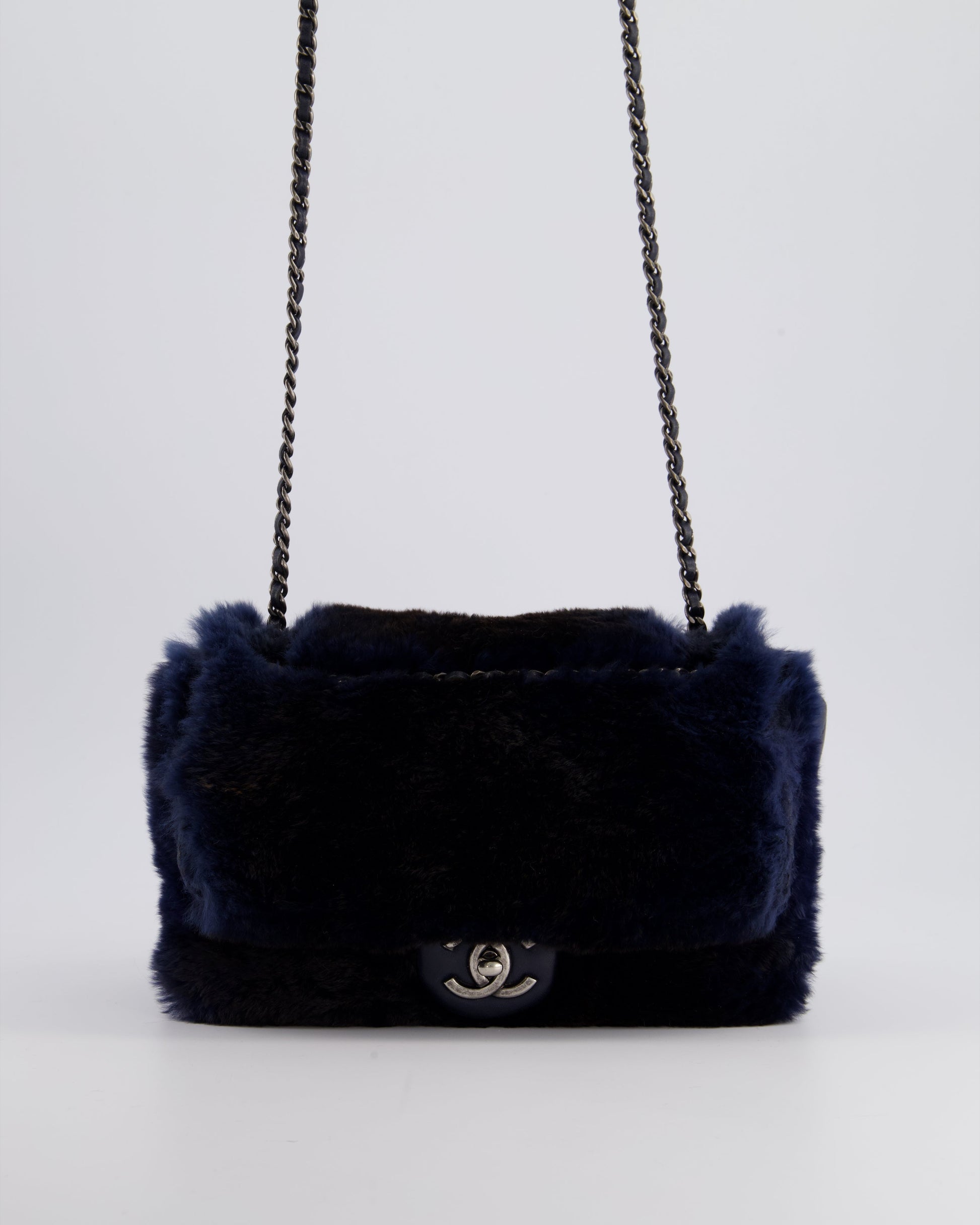 Chanel *hot* Navy Rabbit Fur Single Flap Bag with Silver Hardware