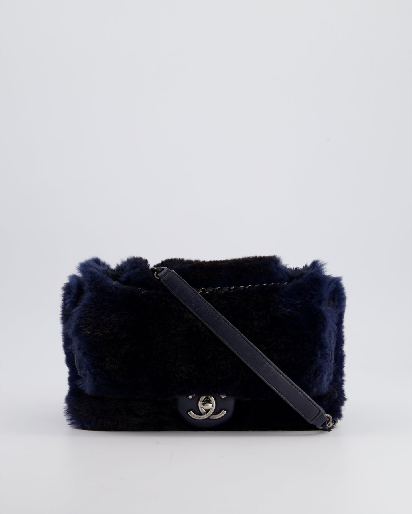 Chanel *hot* Navy Rabbit Fur Single Flap Bag with Silver Hardware
