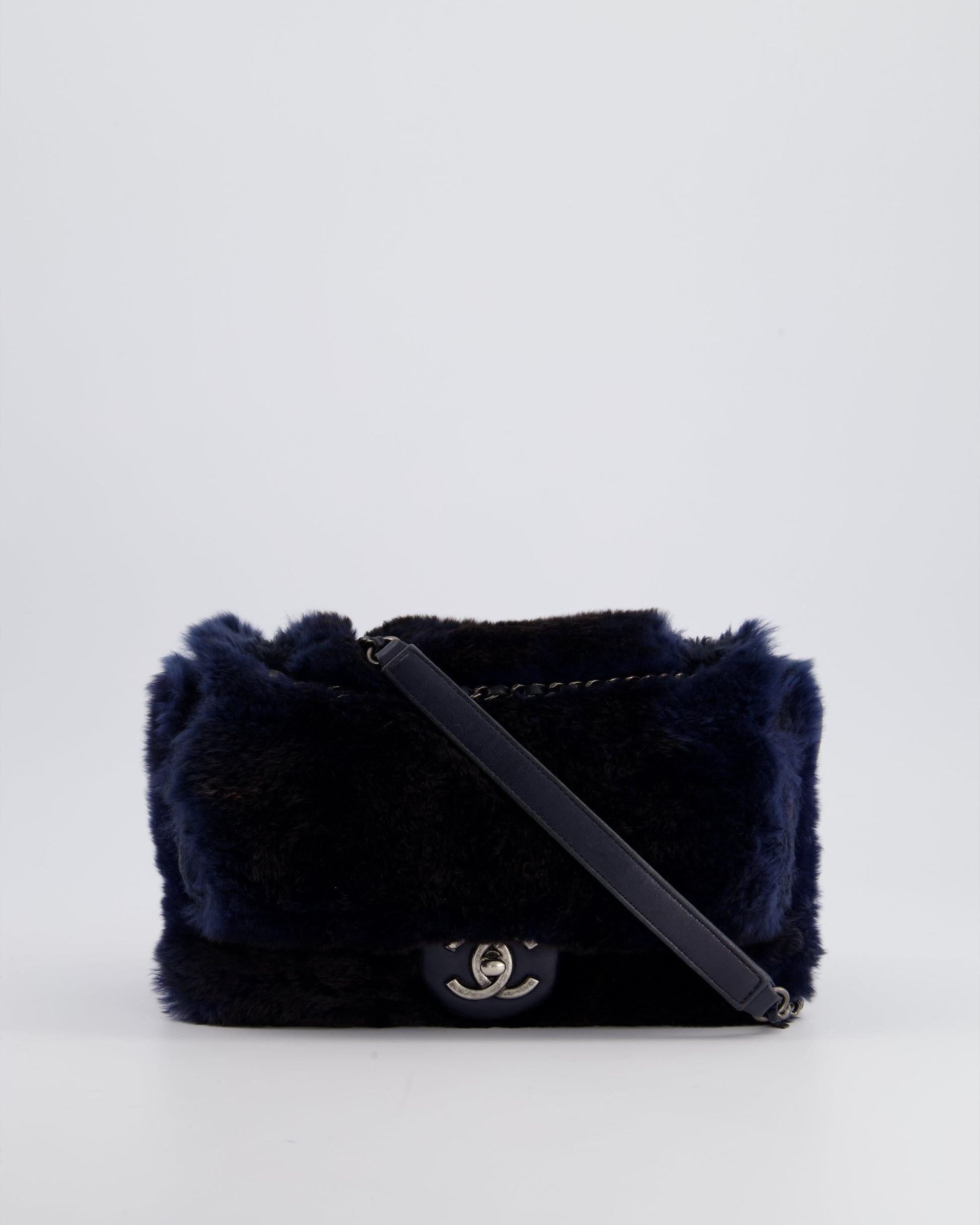 Chanel *hot* Navy Rabbit Fur Single Flap Bag with Silver Hardware