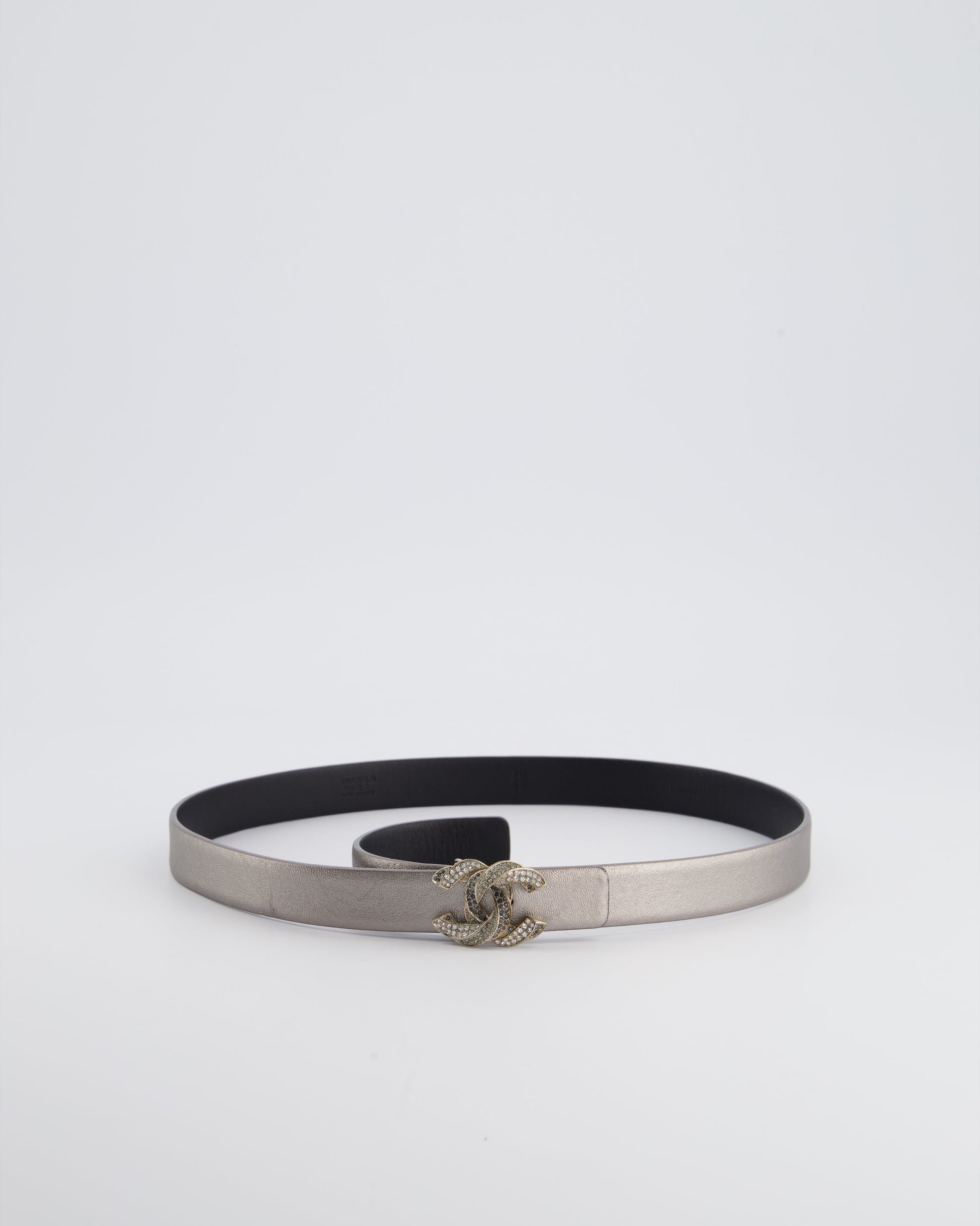 Chanel Metallic Silver Belt With Crystal Cc Logo Detail Size 70Cm Bag