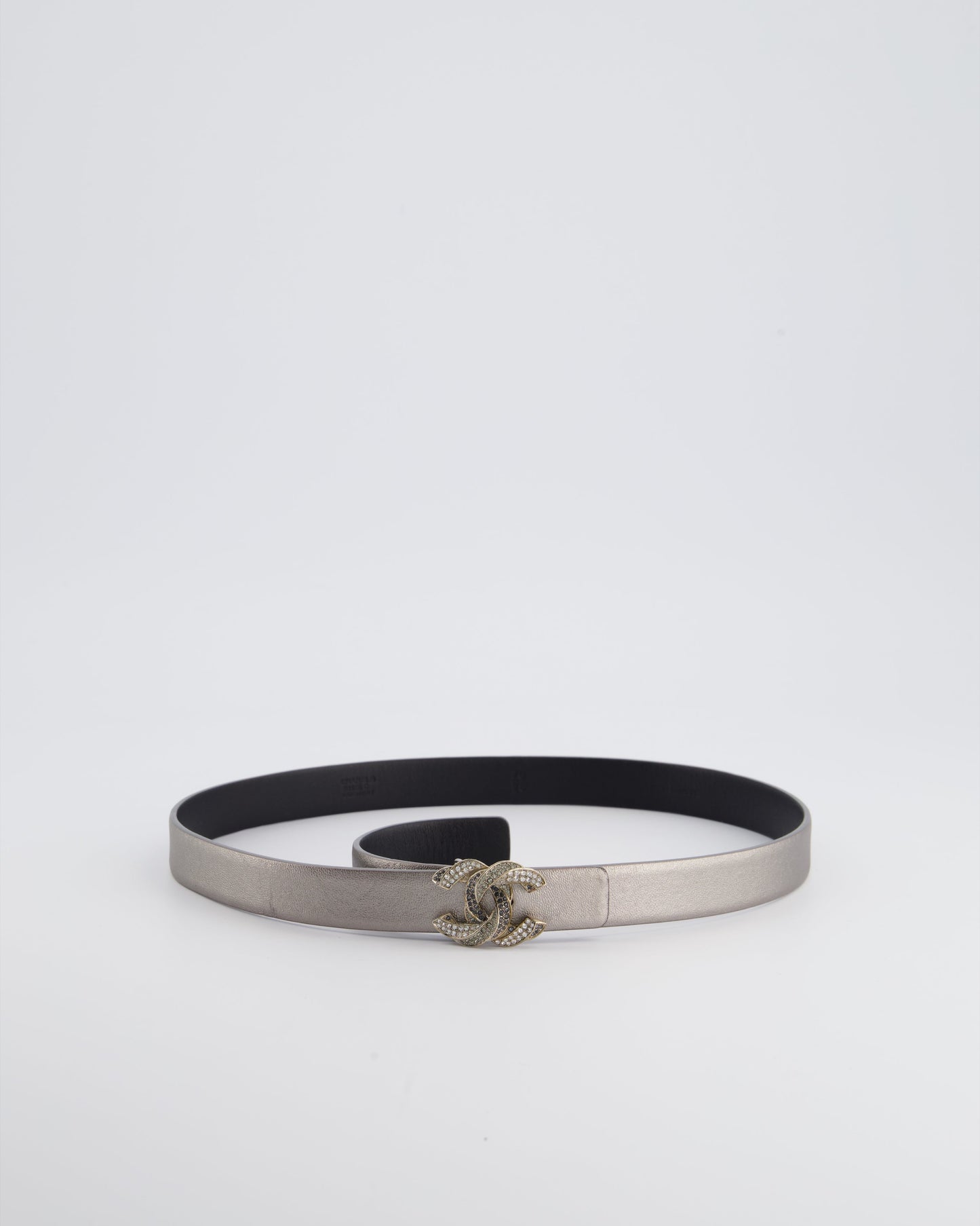 Chanel Metallic Silver Belt with Crystal CC Logo Detail Size 70cm