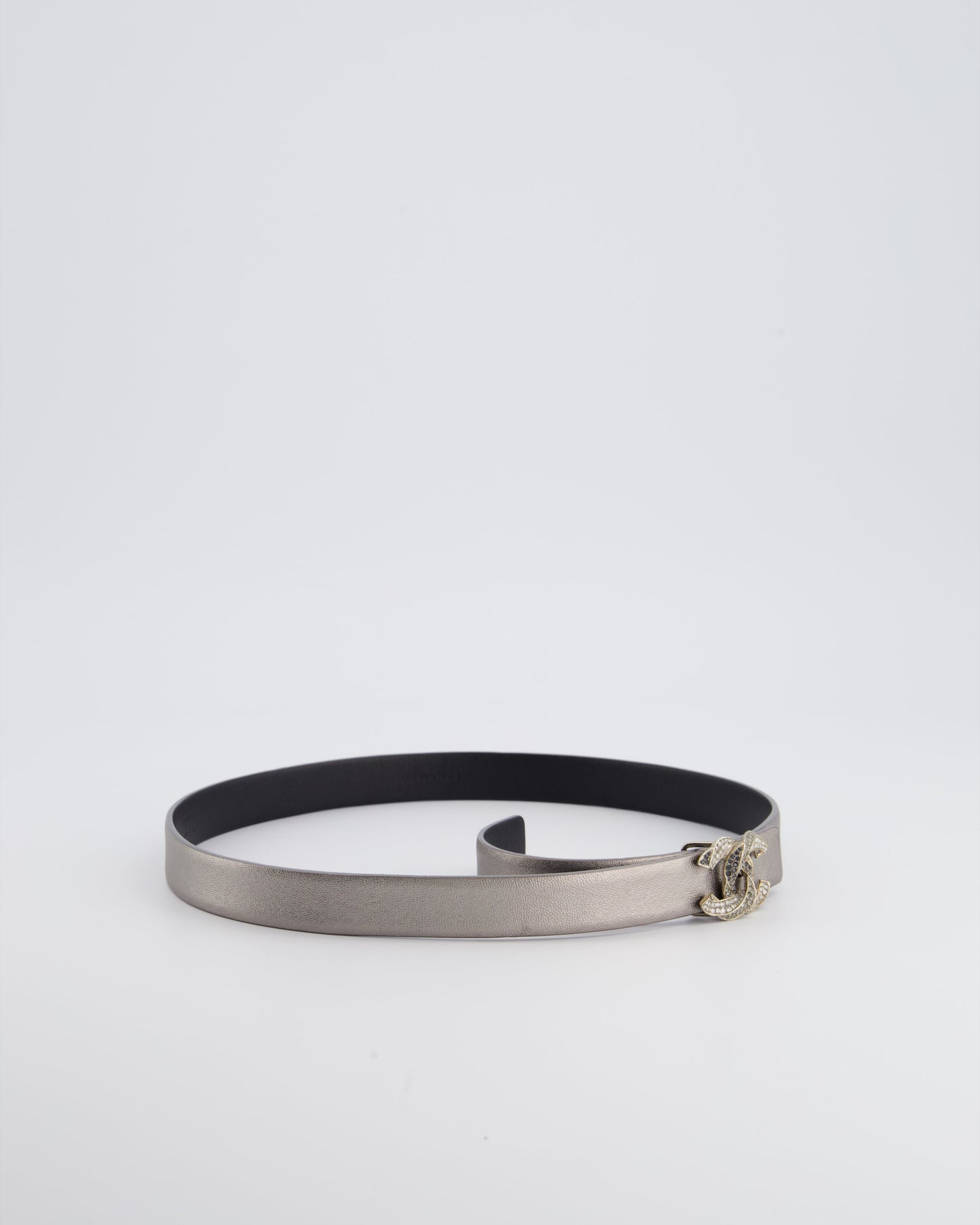 Chanel Metallic Silver Belt with Crystal CC Logo Detail Size 70cm