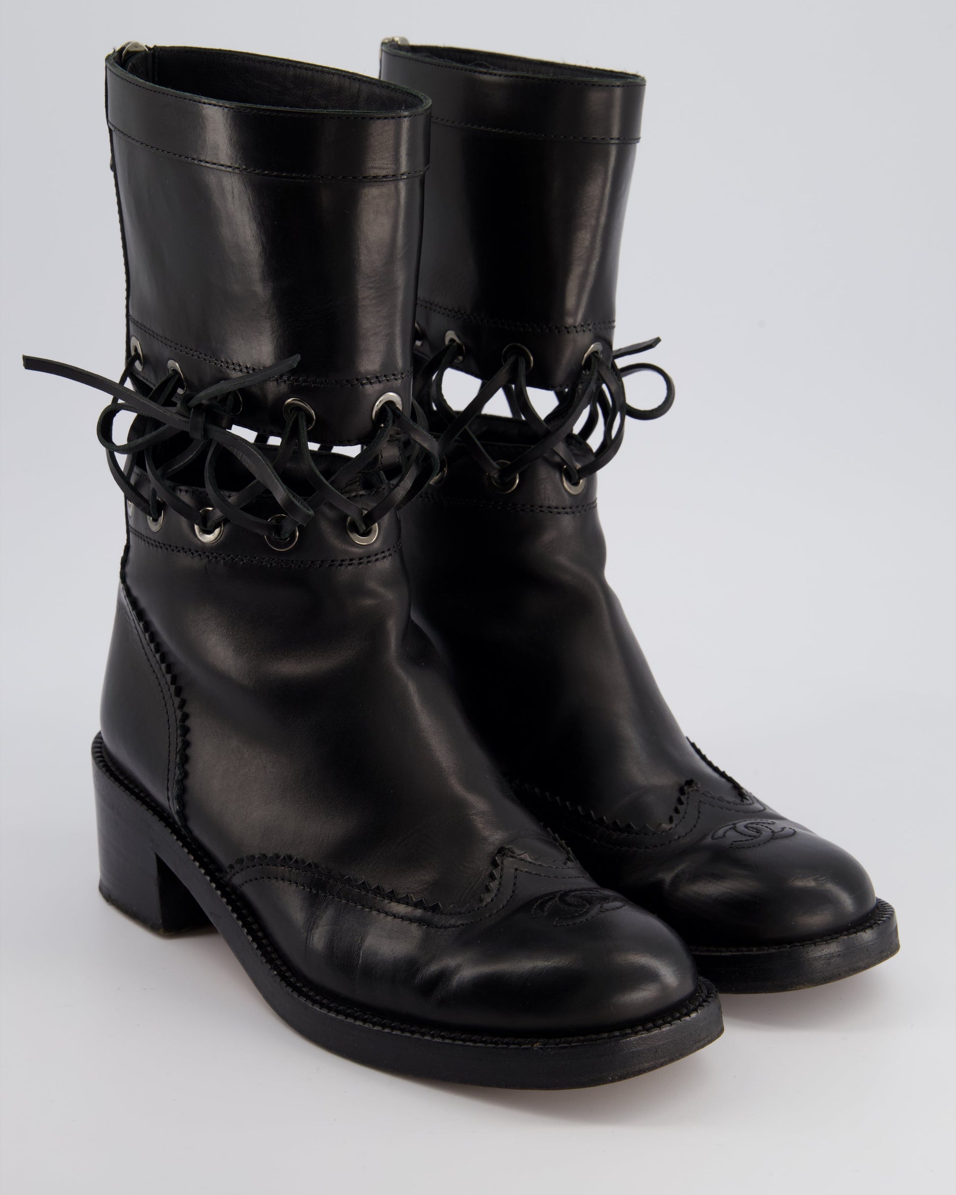 Chanel *Runway* Black Lace Up Insert Detail Cc Logo Boots Size Eu 40.5